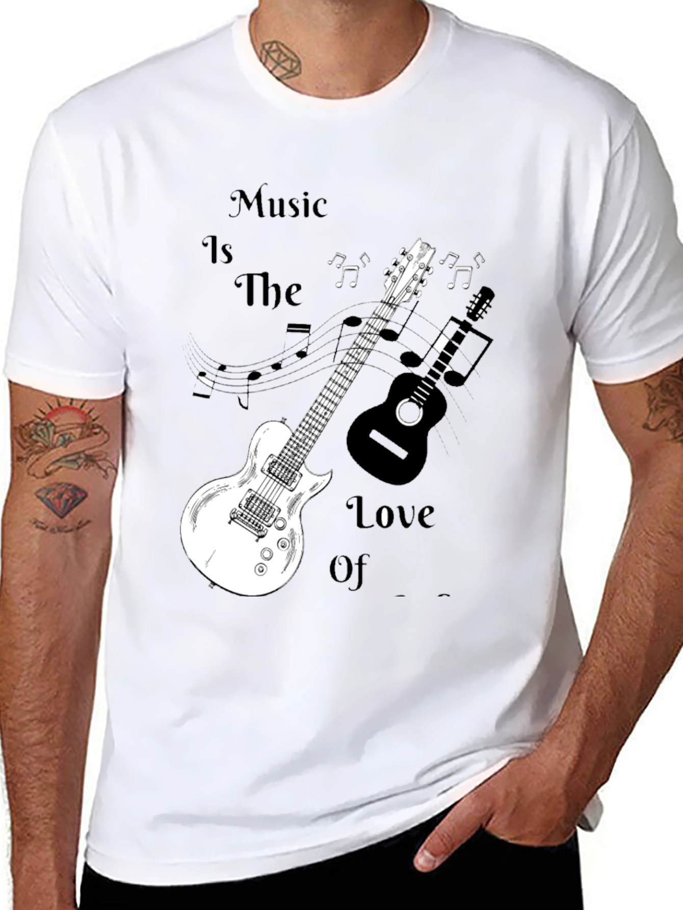 Music Lovers Black Graphic Tee with Guitars