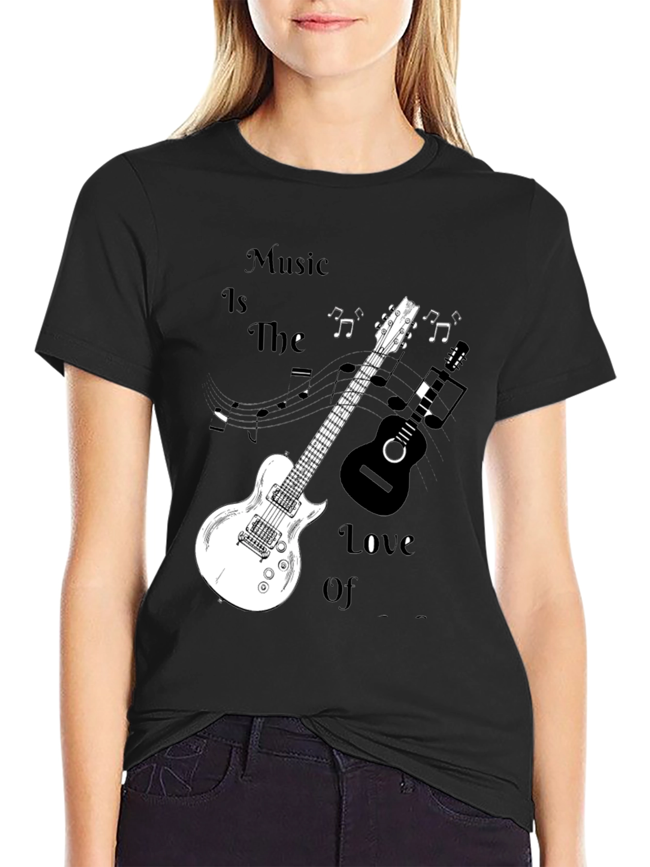 Music Lovers Black Graphic Tee with Guitars