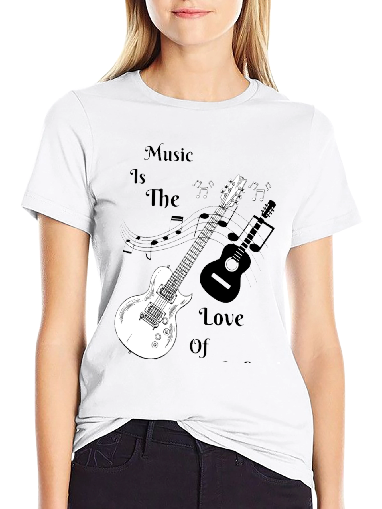 Music Lovers Black Graphic Tee with Guitars