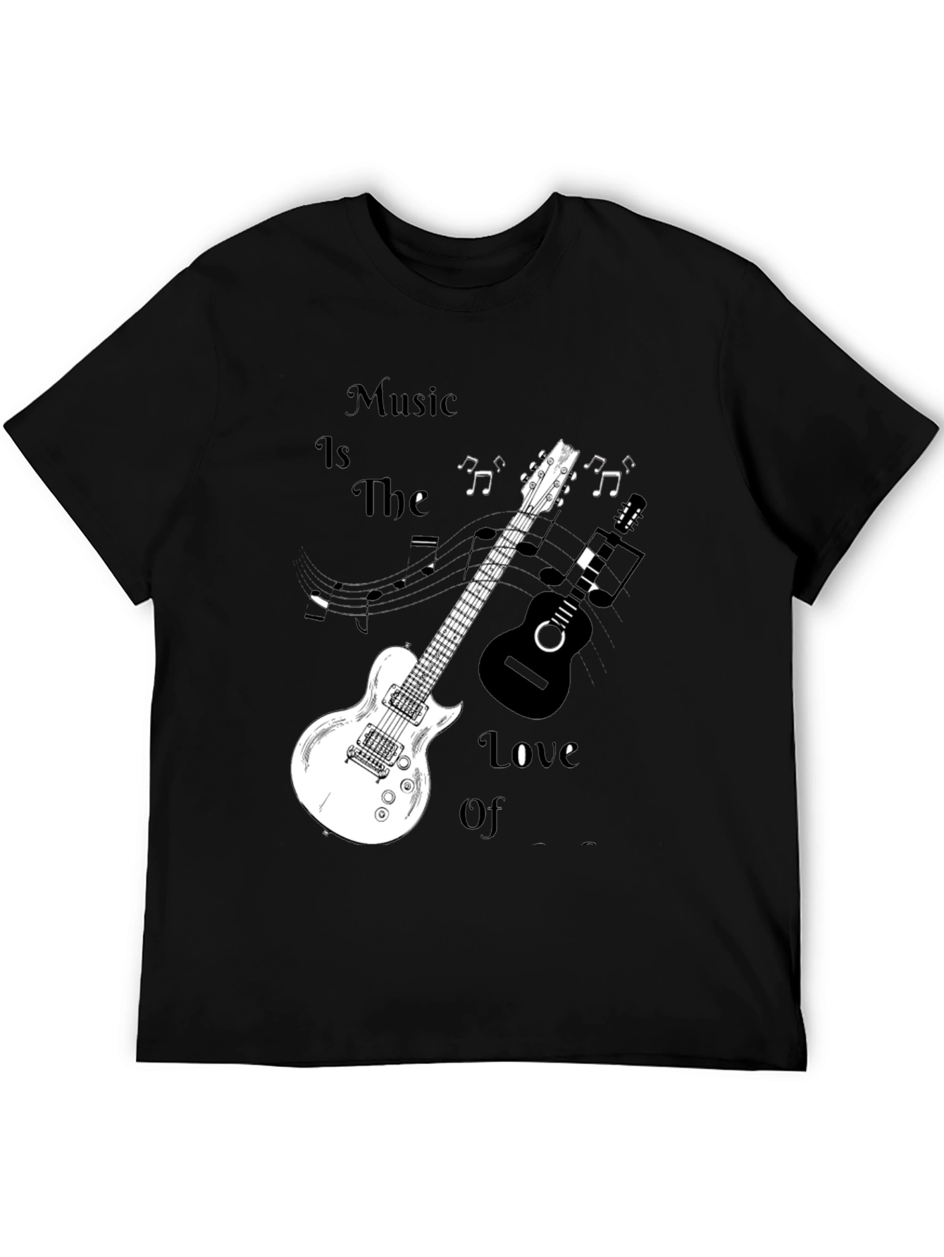 Music Lovers Black Graphic Tee with Guitars