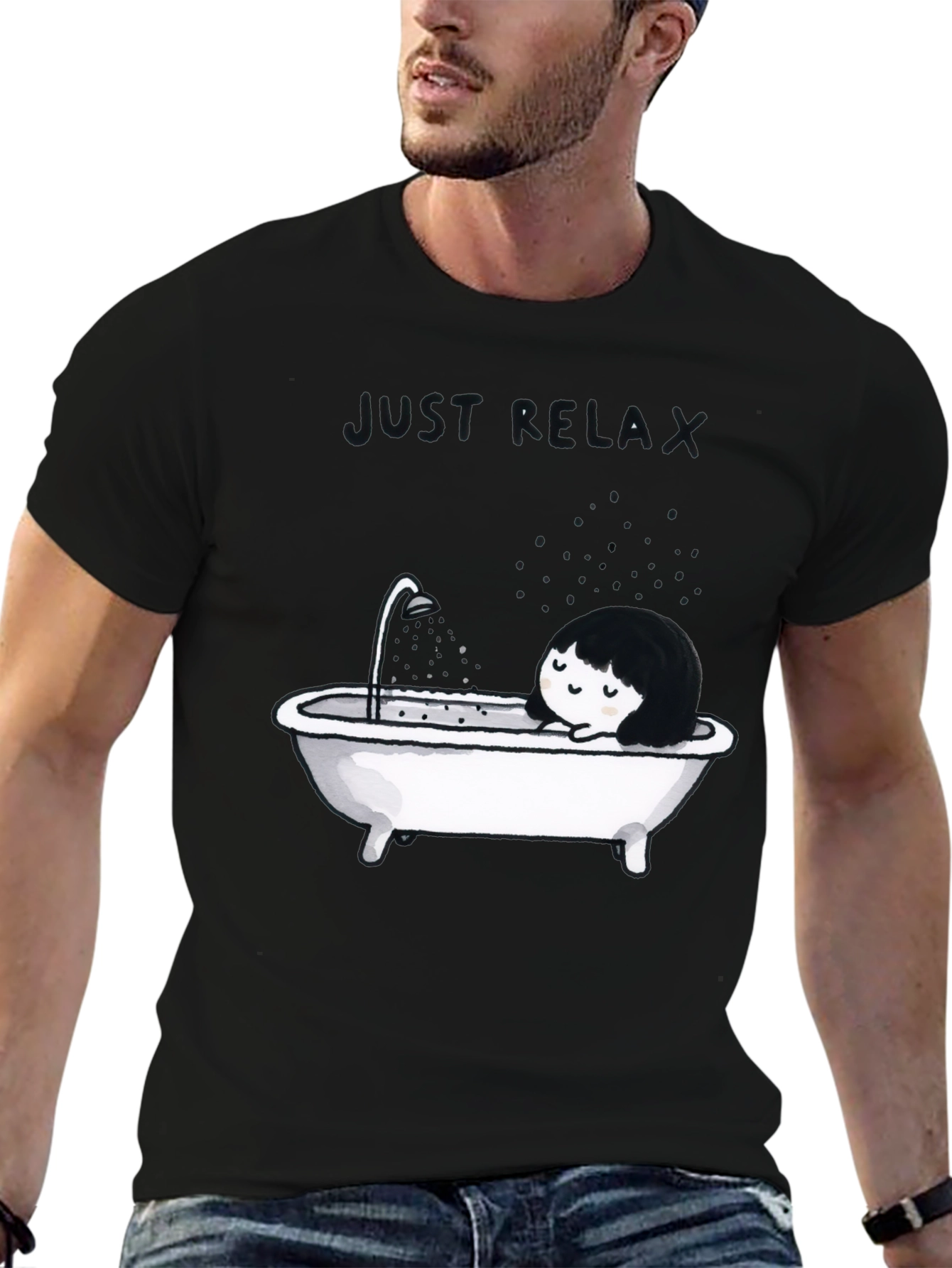 Just Relax Black Graphic Tee - Bathtub Design