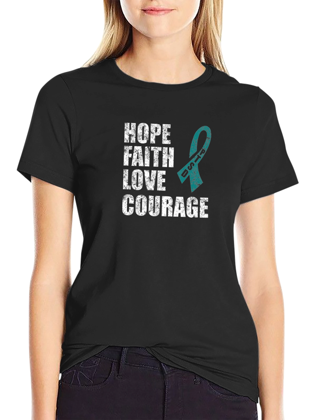 Hope Faith Love Courage Teal Ribbon Graphic T-Shirt