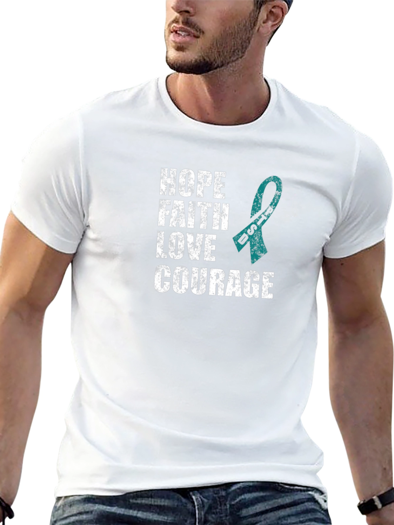 Hope Faith Love Courage Teal Ribbon Graphic T-Shirt