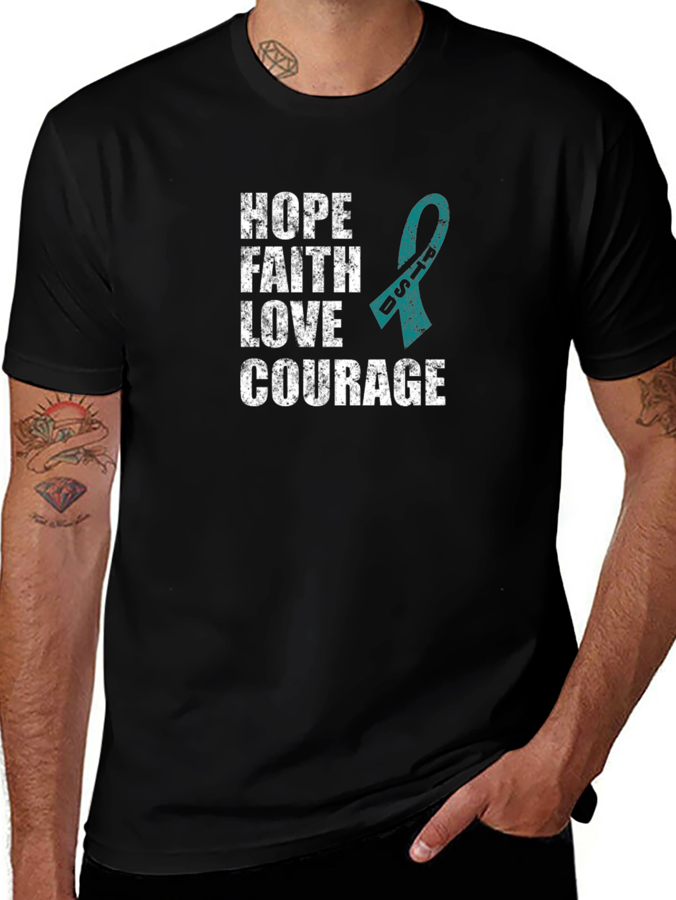 Hope Faith Love Courage Teal Ribbon Graphic T-Shirt