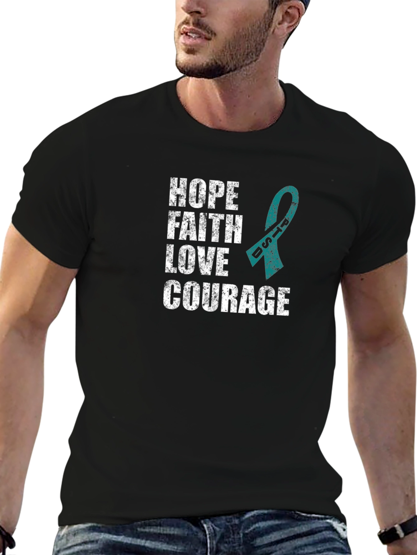 Hope Faith Love Courage Teal Ribbon Graphic T-Shirt