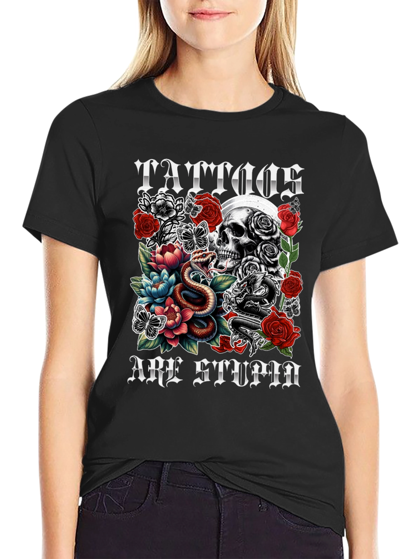 Tattoos Are Stupid Skull & Snake Graphic Tee