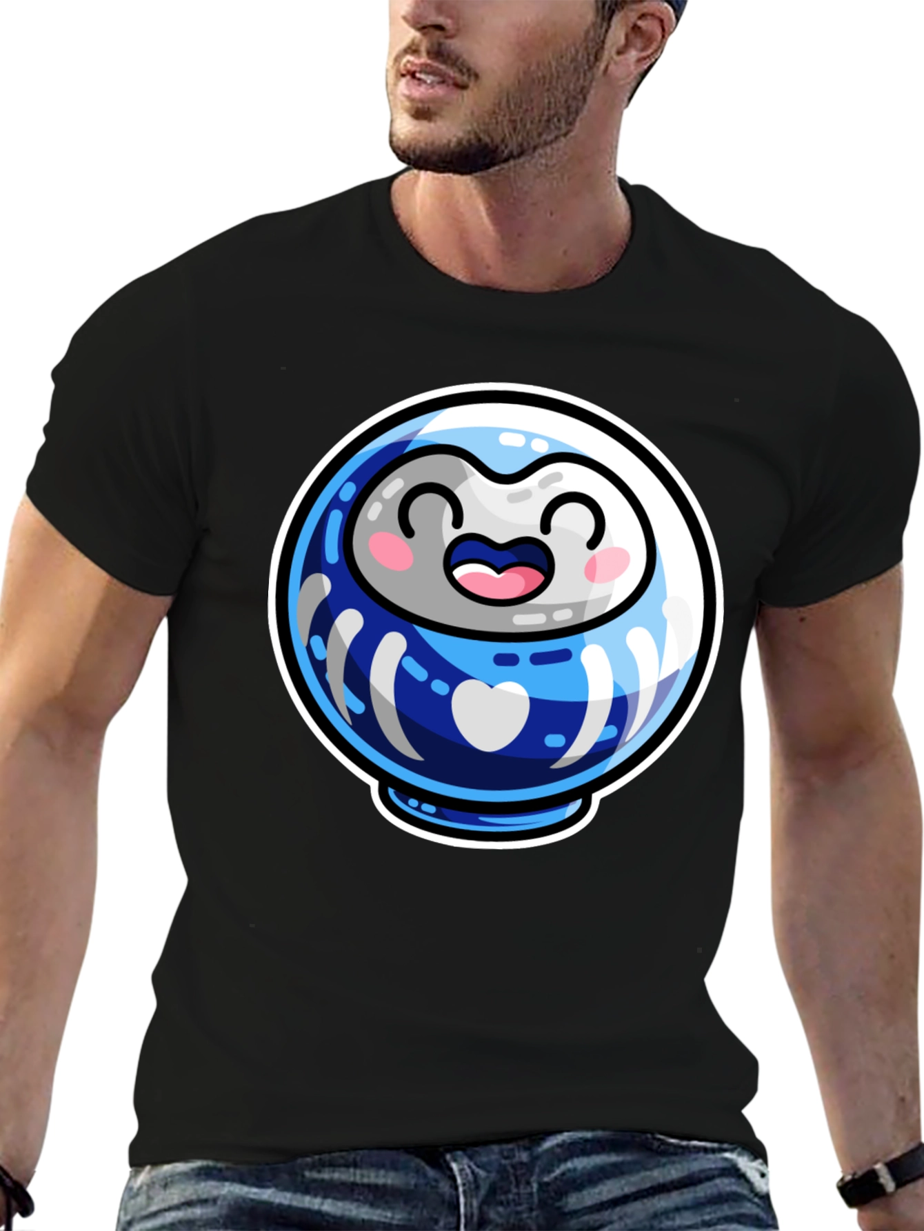 Cute Daruma Doll Graphic Tee - Black