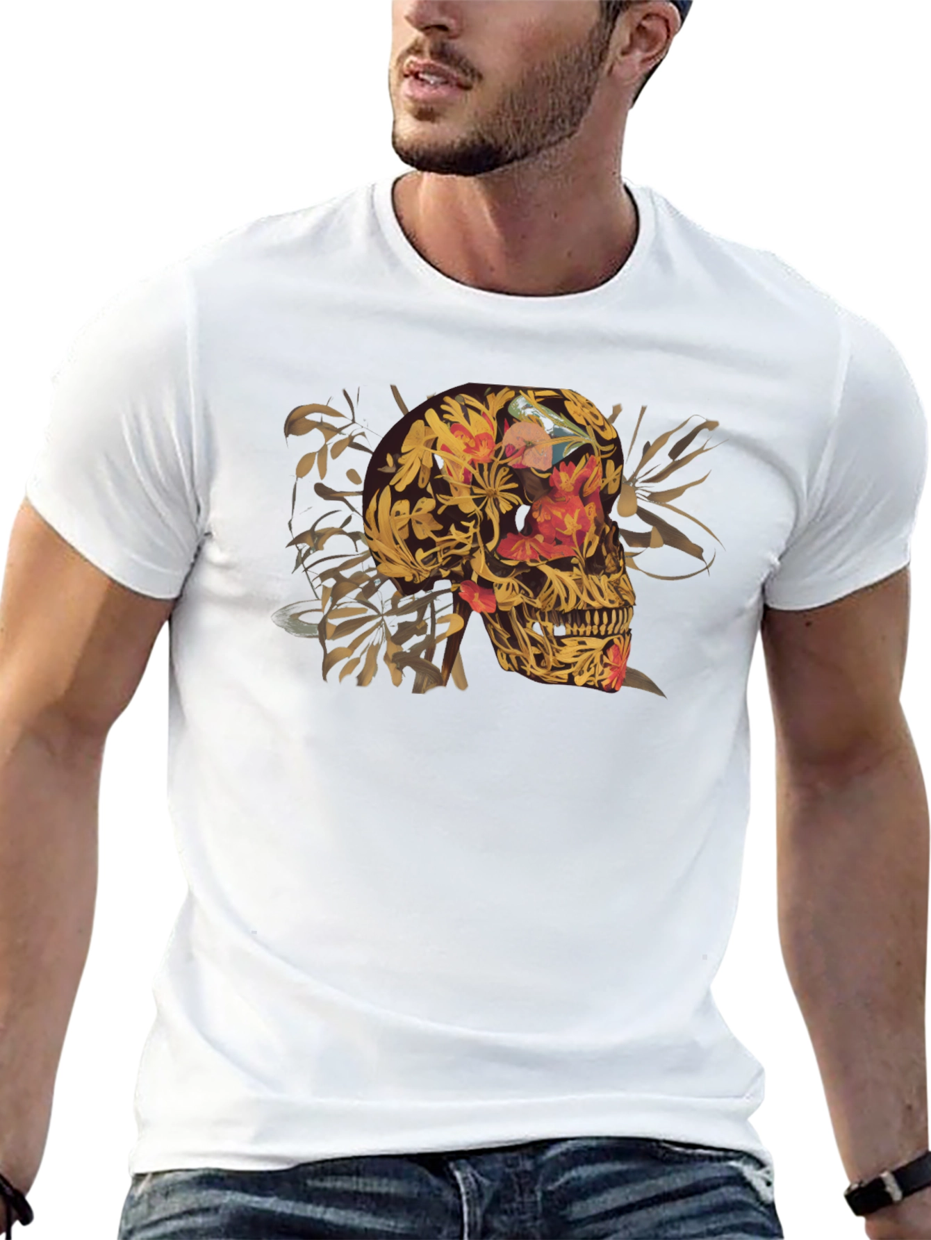 Floral Skull Graphic Tee - Black Cotton T-Shirt