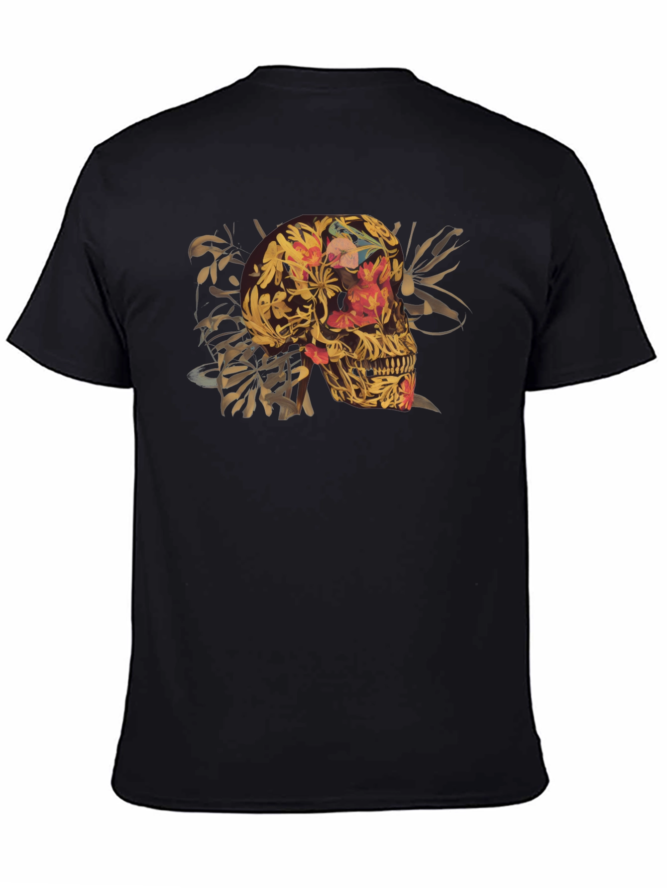 Floral Skull Graphic Tee - Black Cotton T-Shirt