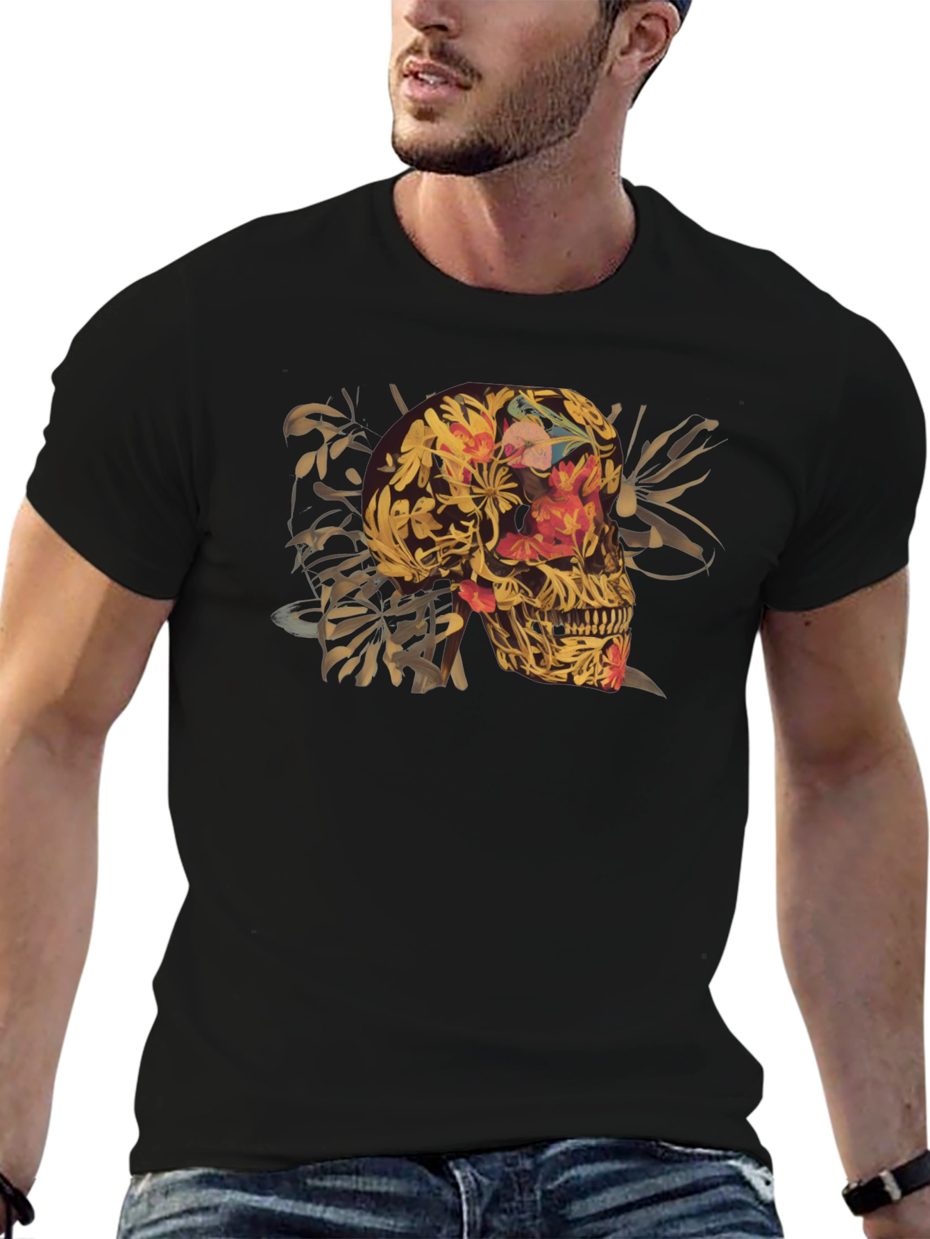Floral Skull Graphic Tee - Black Cotton T-Shirt