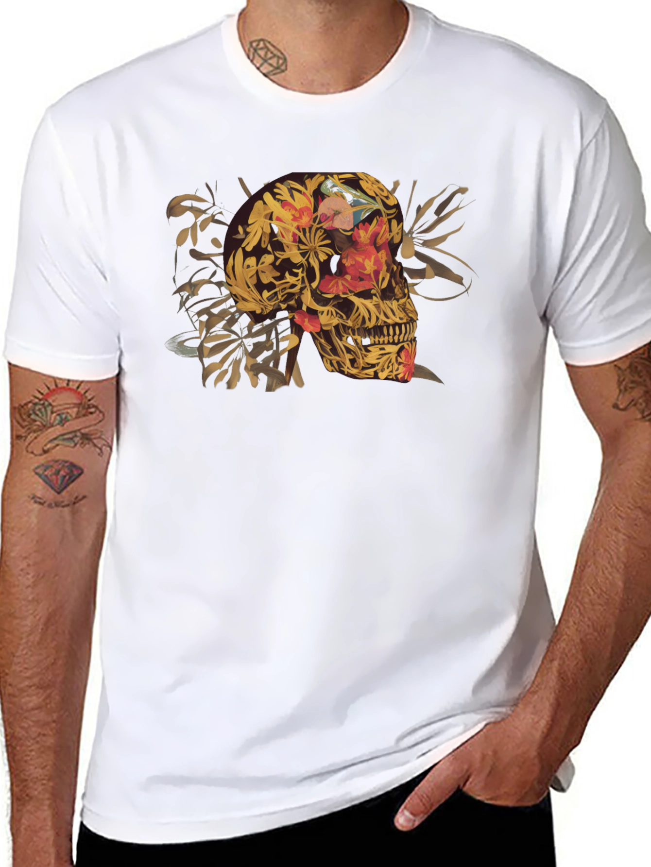 Floral Skull Graphic Tee - Black Cotton T-Shirt