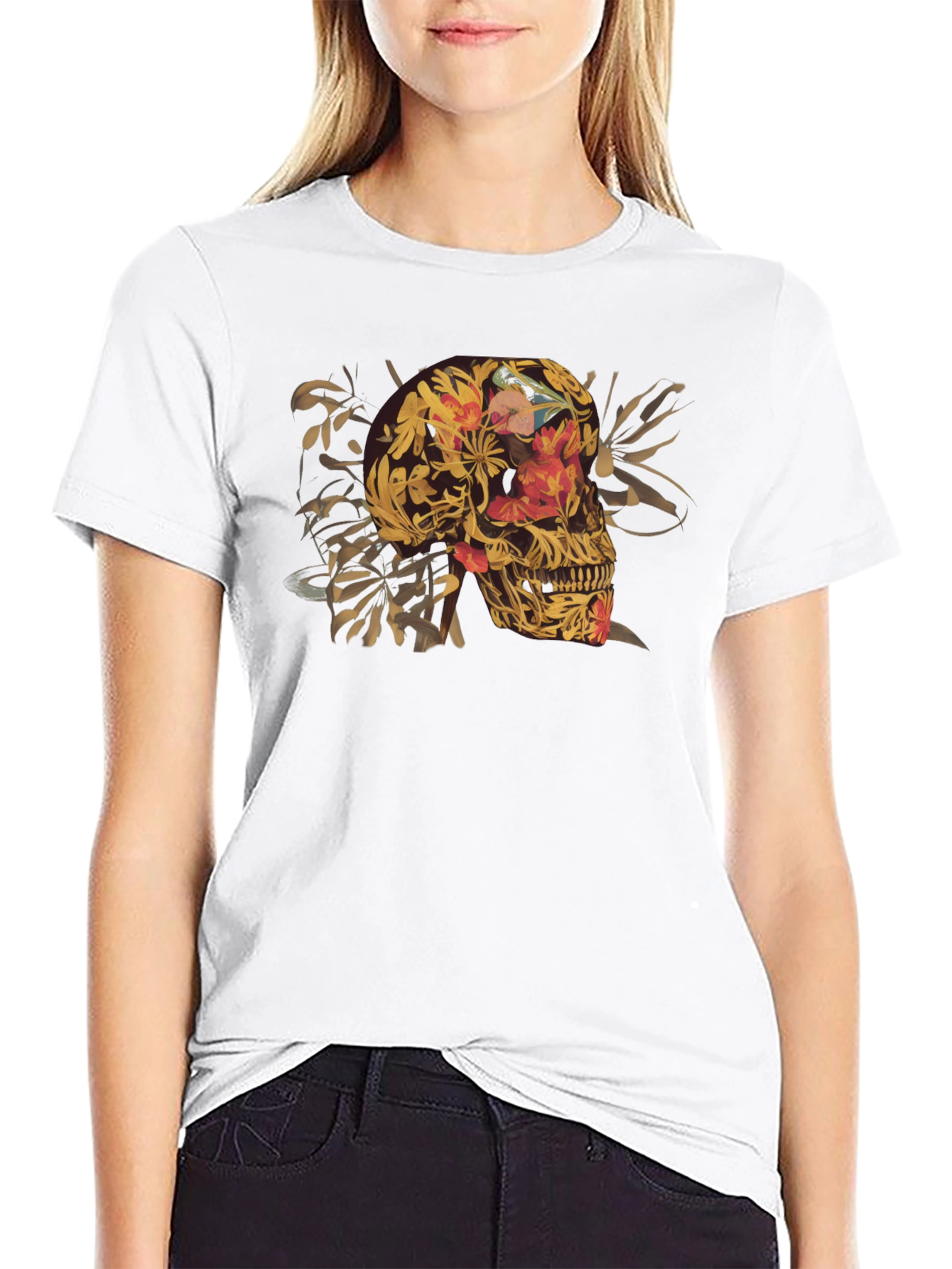 Floral Skull Graphic Tee - Black Cotton T-Shirt