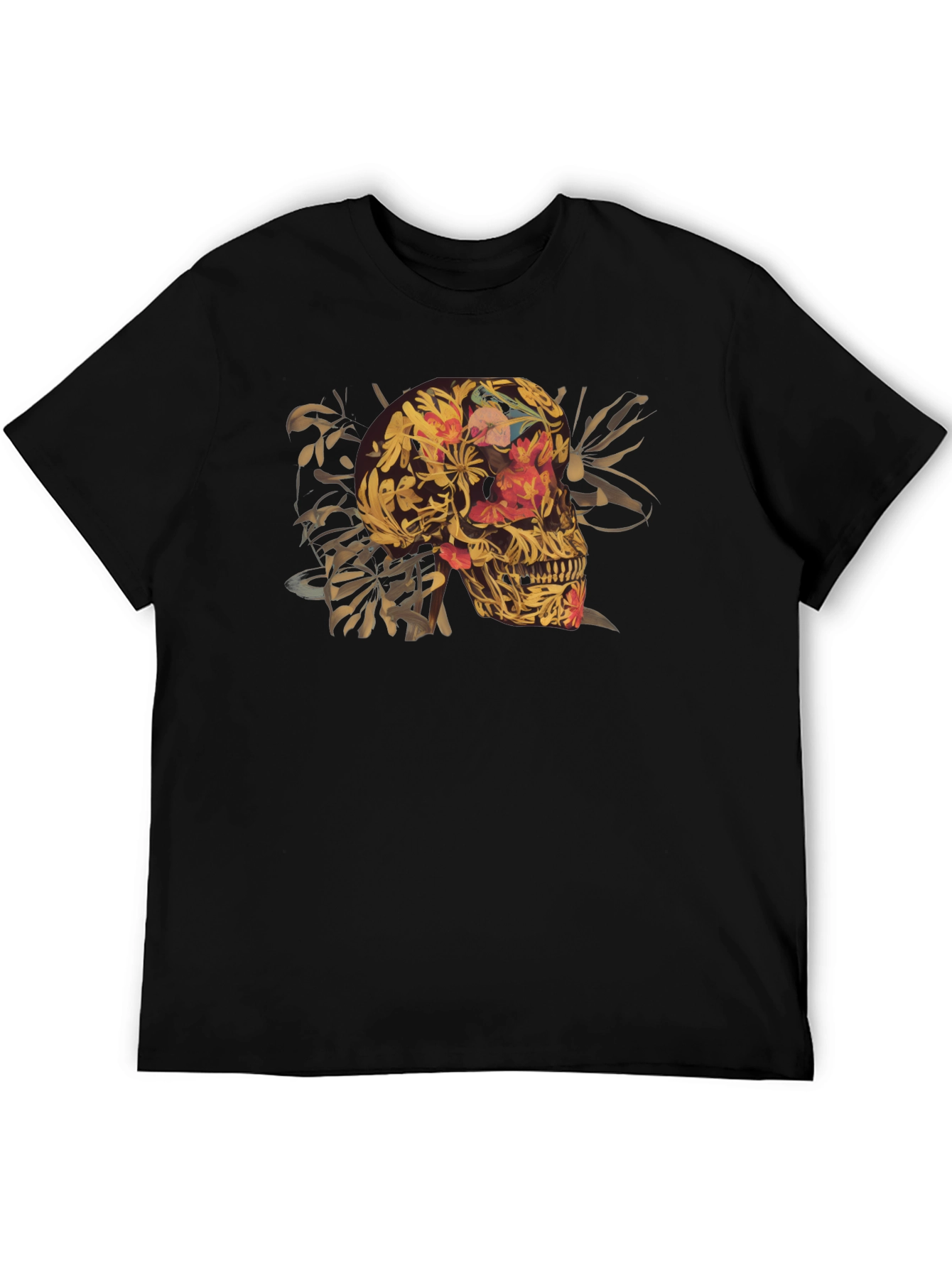 Floral Skull Graphic Tee - Black Cotton T-Shirt