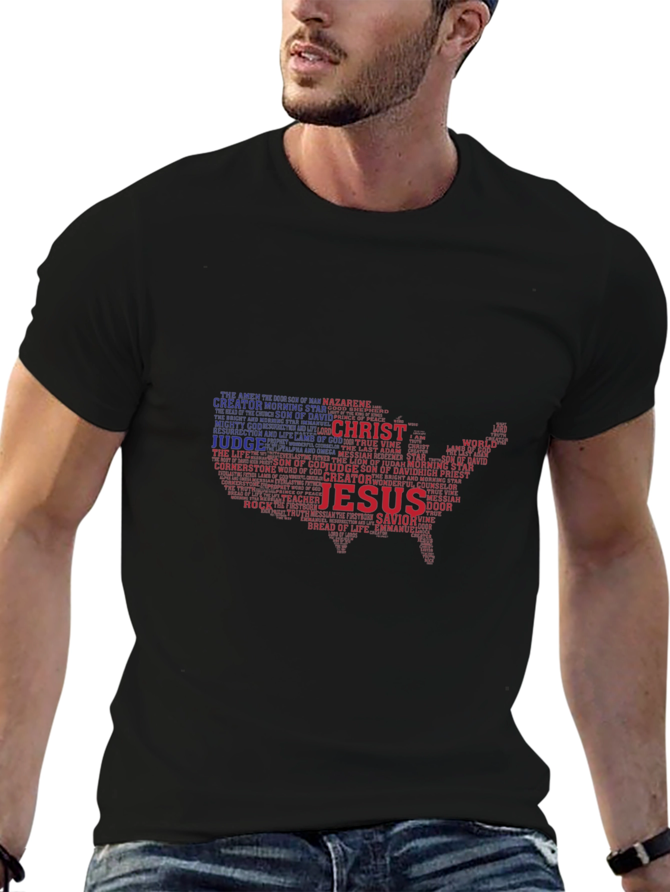Jesus Christ USA Map Word Art Graphic T-Shirt
