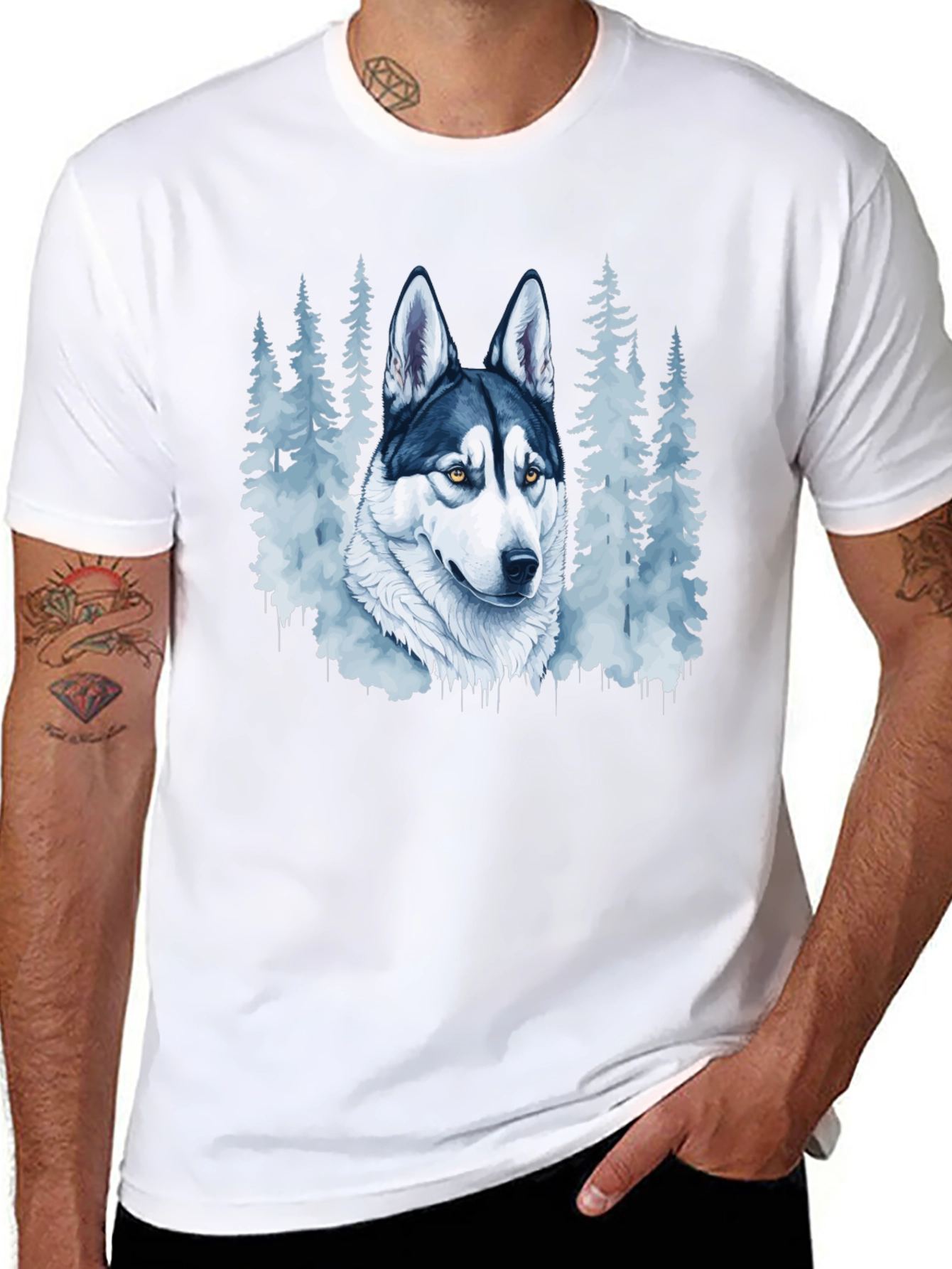Husky Dog & Forest Graphic Print Black T-Shirt