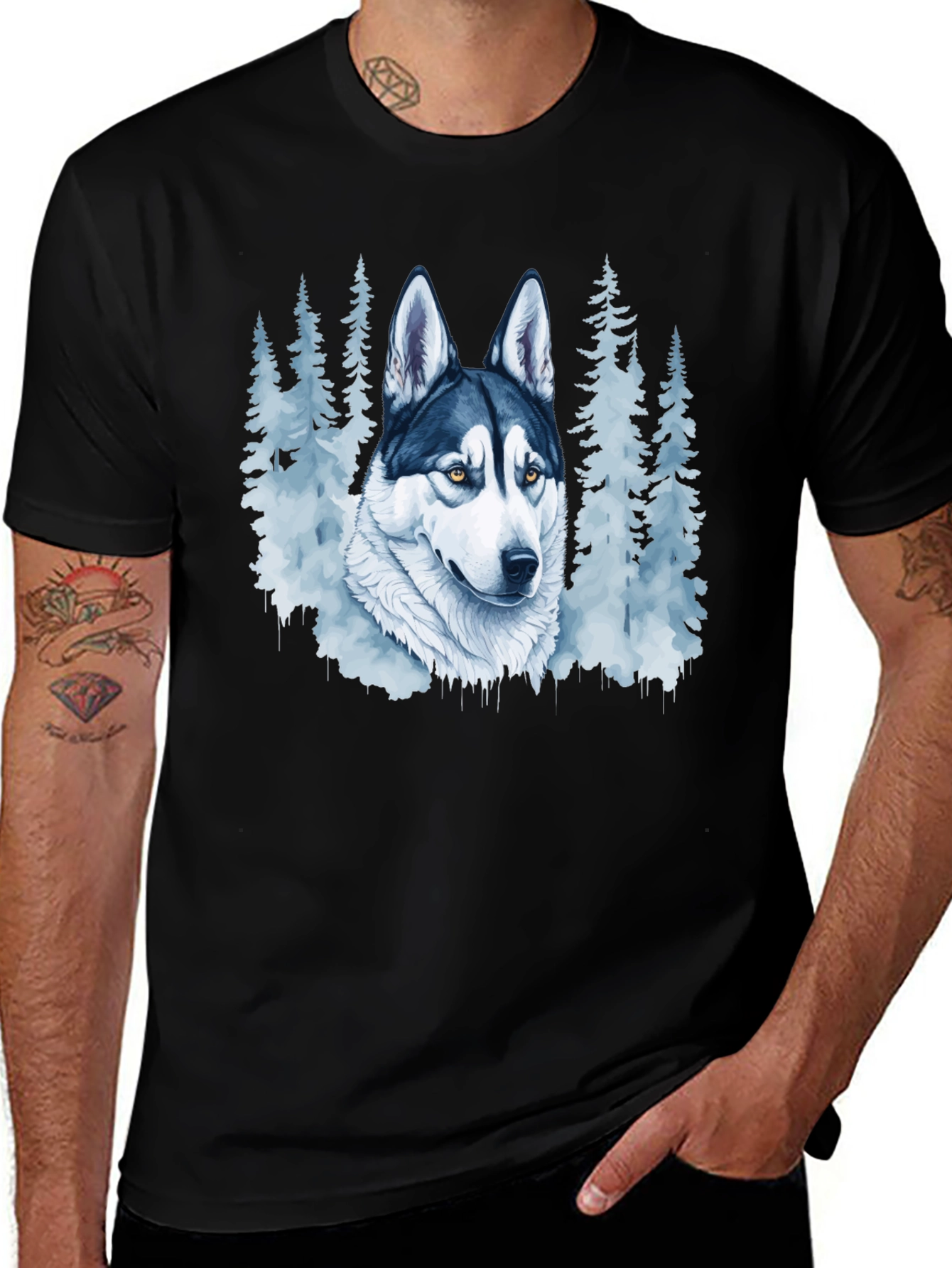 Husky Dog & Forest Graphic Print Black T-Shirt