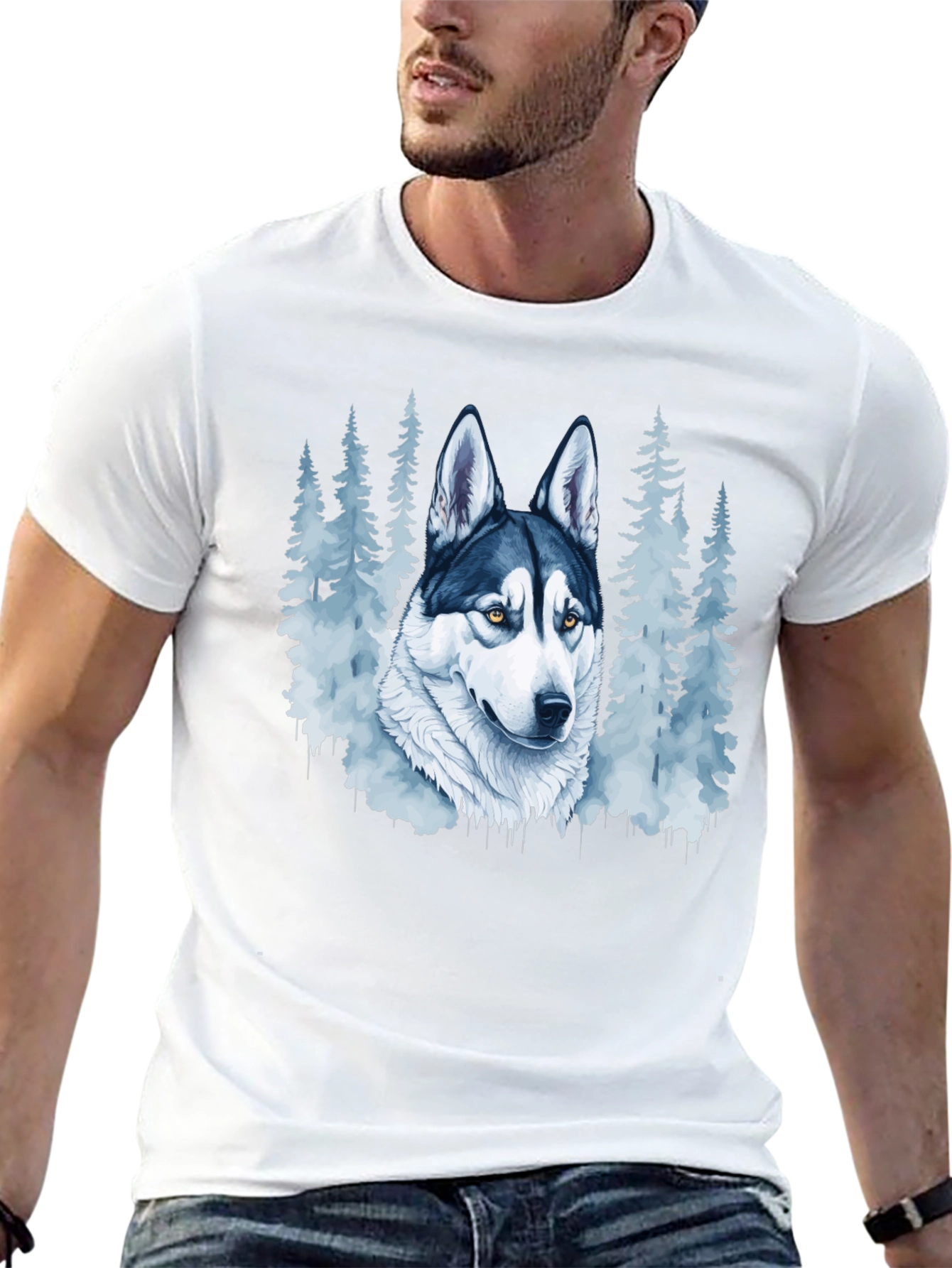 Husky Dog & Forest Graphic Print Black T-Shirt