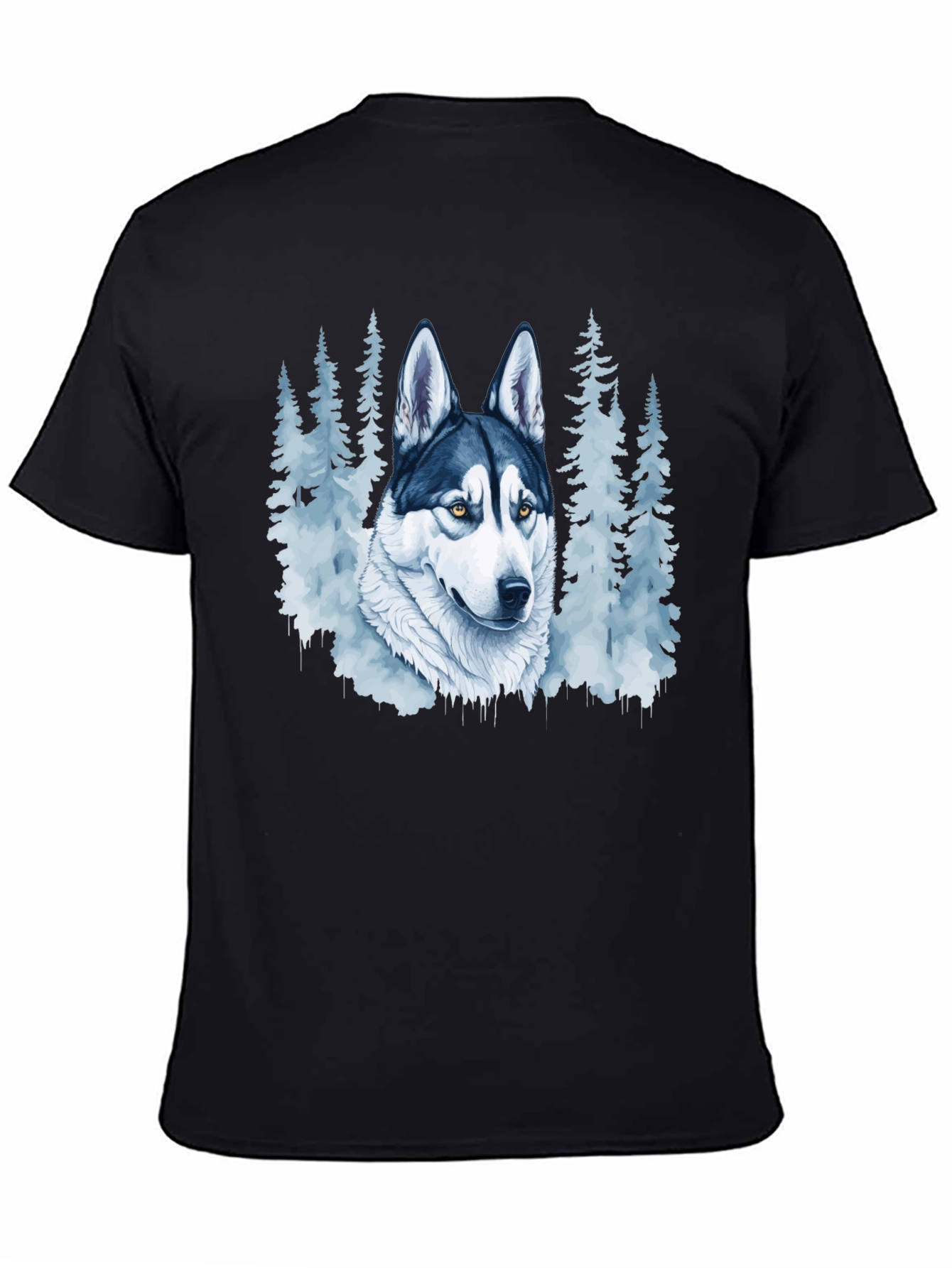 Husky Dog & Forest Graphic Print Black T-Shirt
