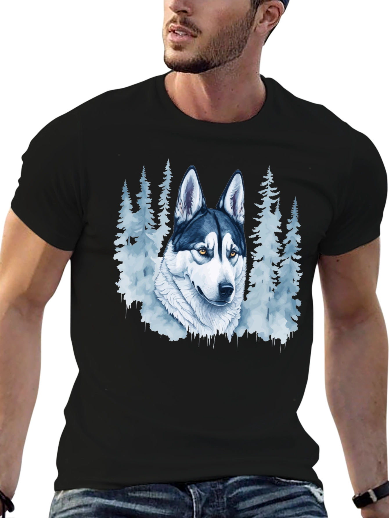 Husky Dog & Forest Graphic Print Black T-Shirt