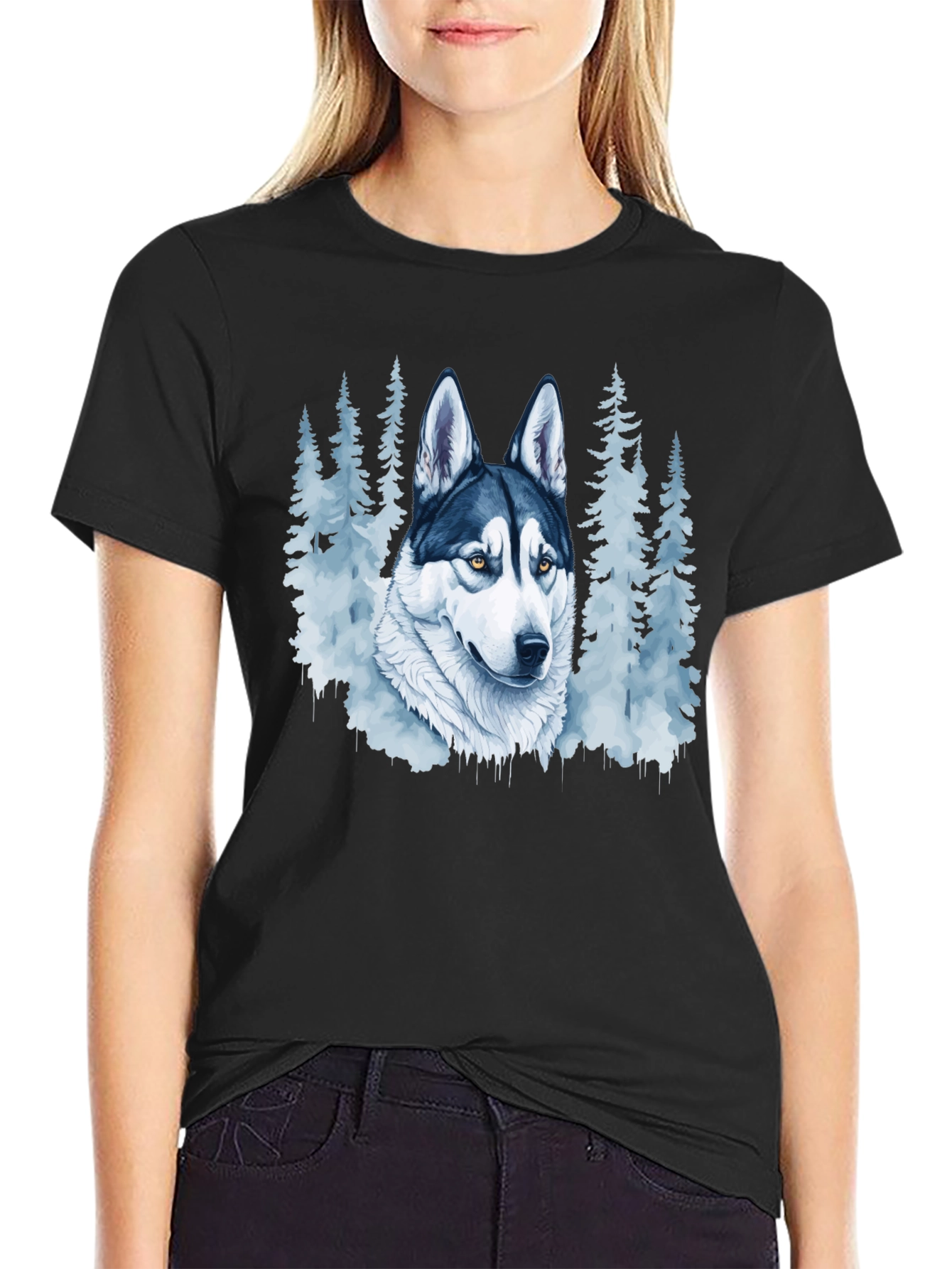 Husky Dog & Forest Graphic Print Black T-Shirt