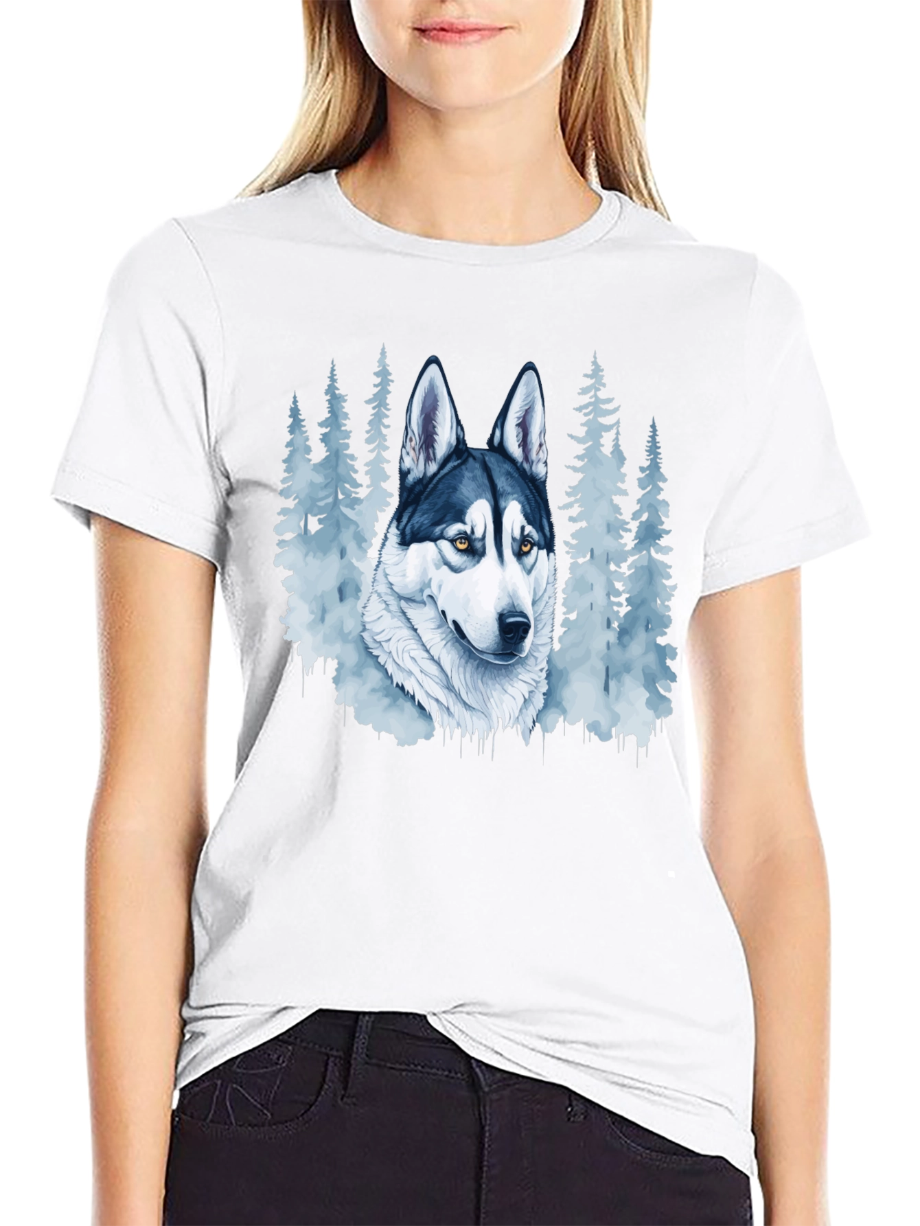 Husky Dog & Forest Graphic Print Black T-Shirt
