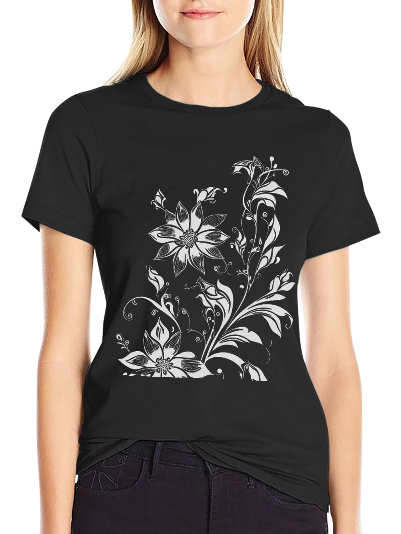 Black Floral Print Graphic Tee