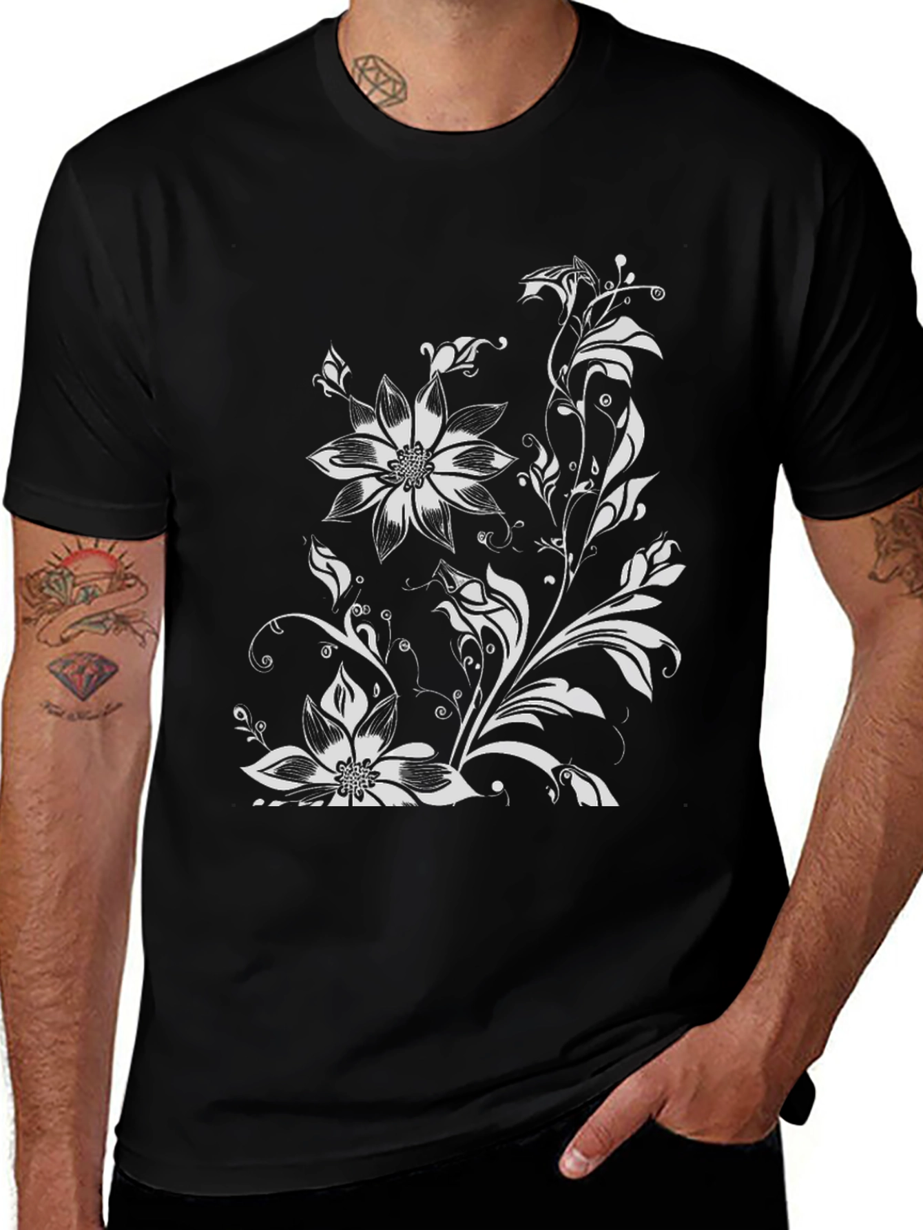 Black Floral Print Graphic Tee