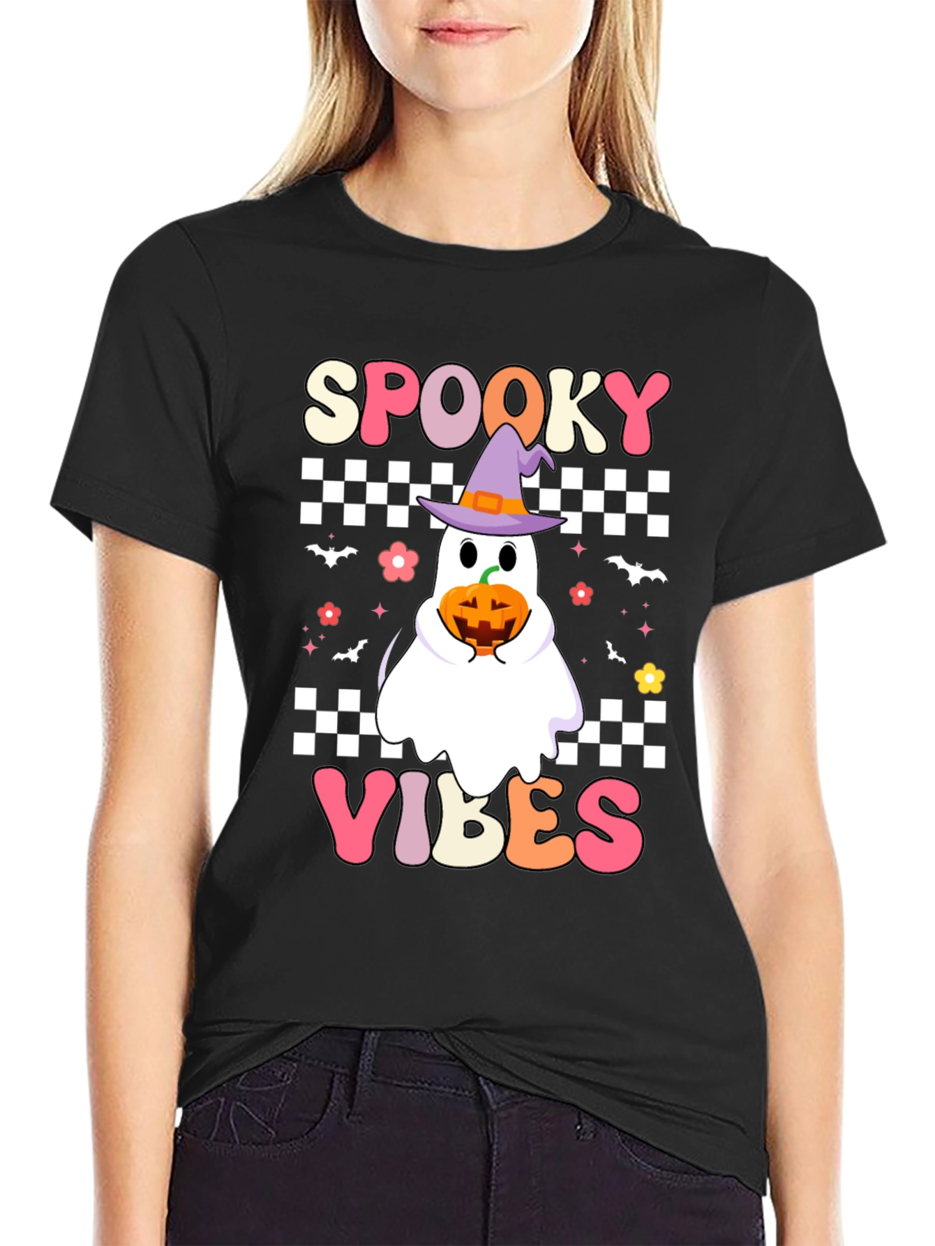 Spooky Vibes Halloween T-Shirt - Ghost with Pumpkin