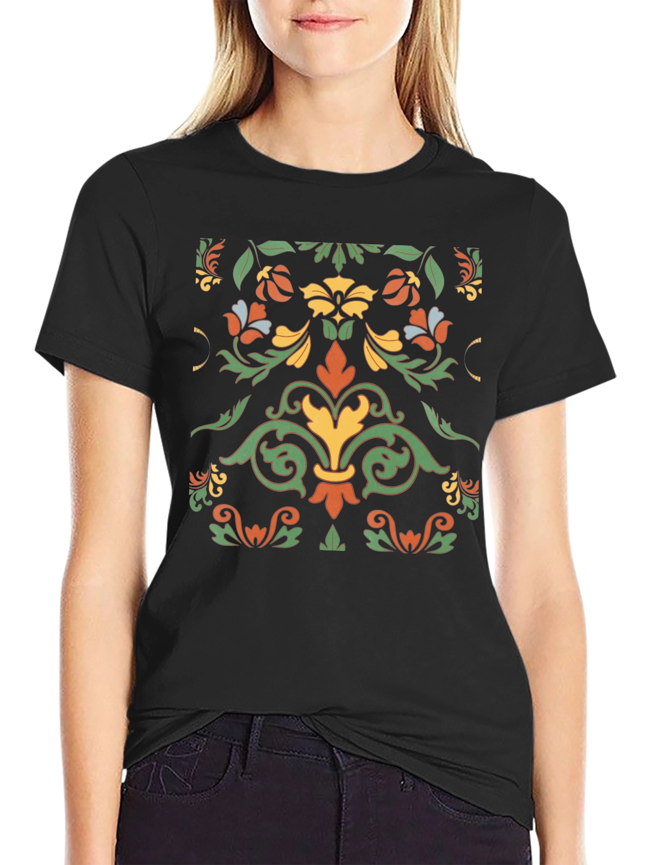 Ornate Floral Pattern Black T-Shirt
