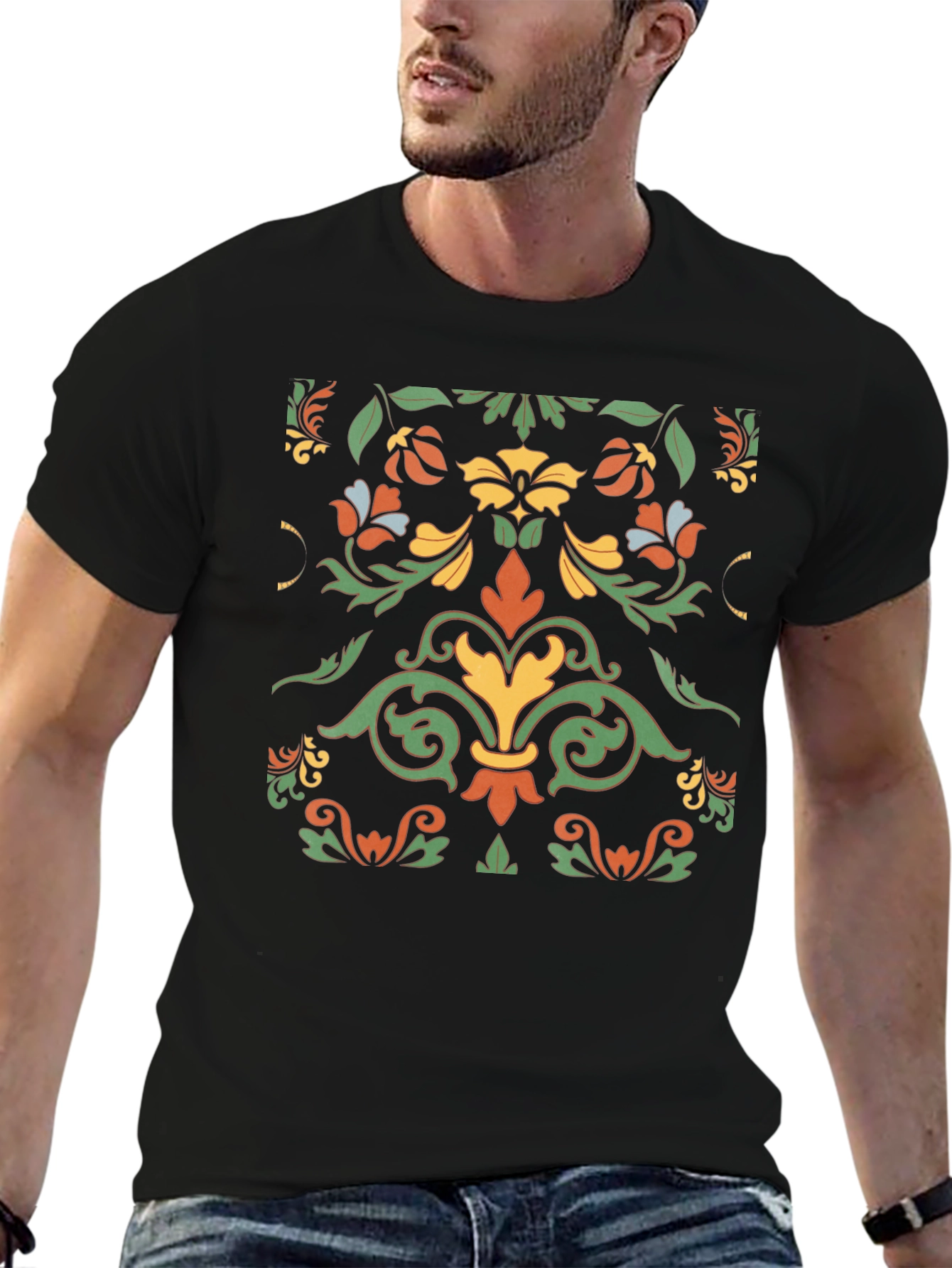Ornate Floral Pattern Black T-Shirt