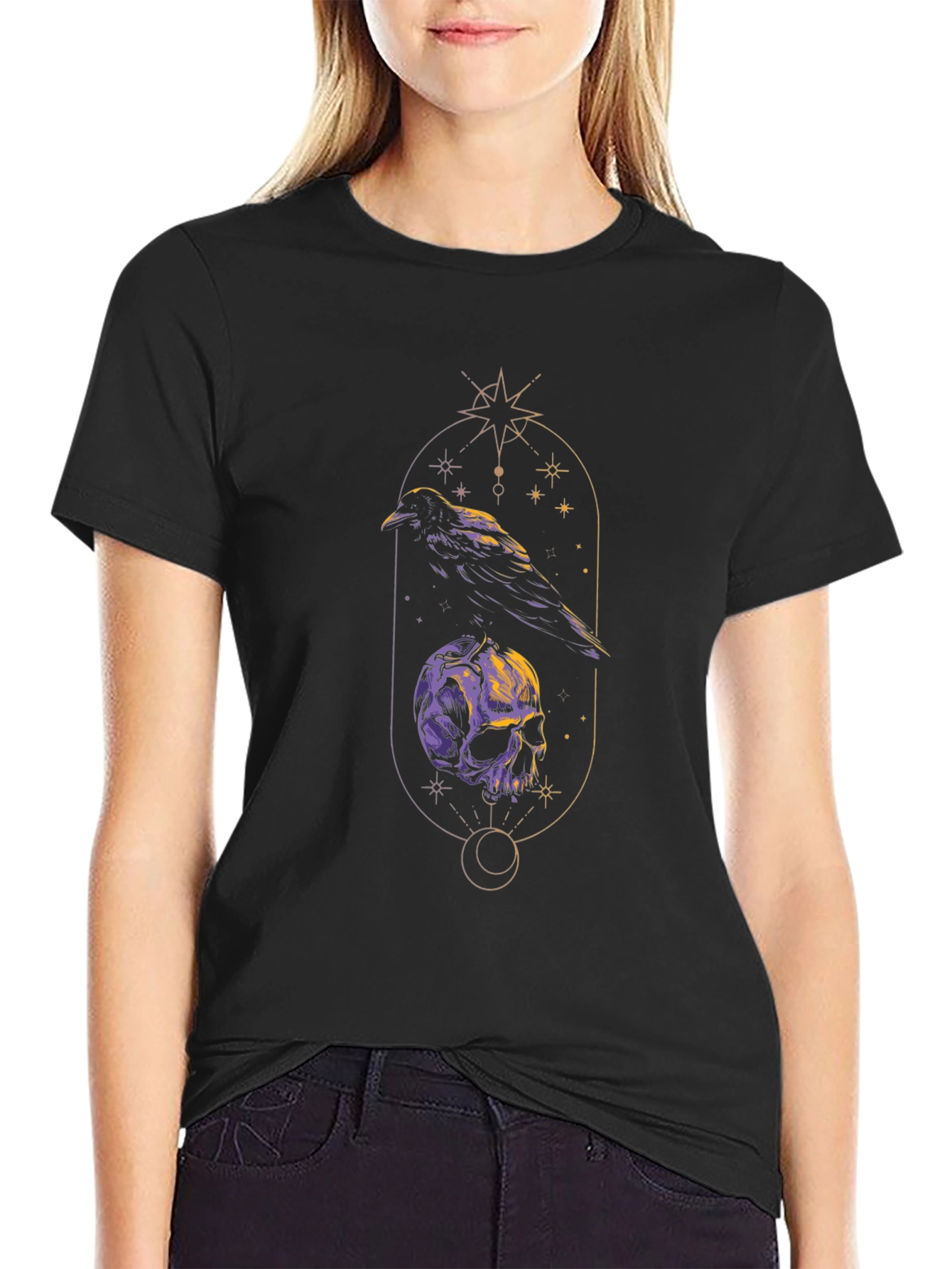Raven & Skull Graphic Tee - Gothic Design