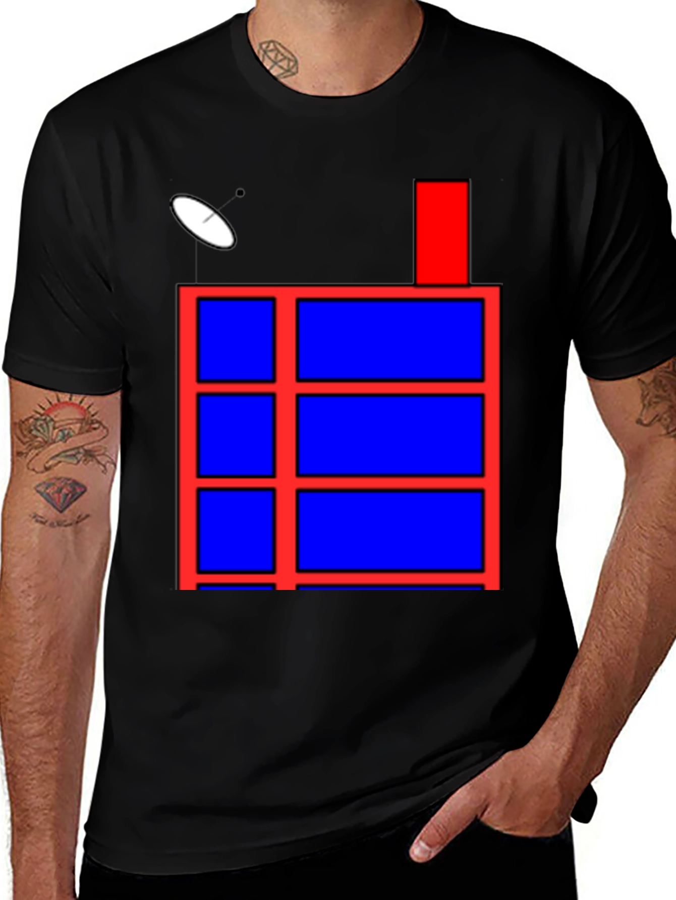Geometric Red & Blue Graphic Print Black T-Shirt