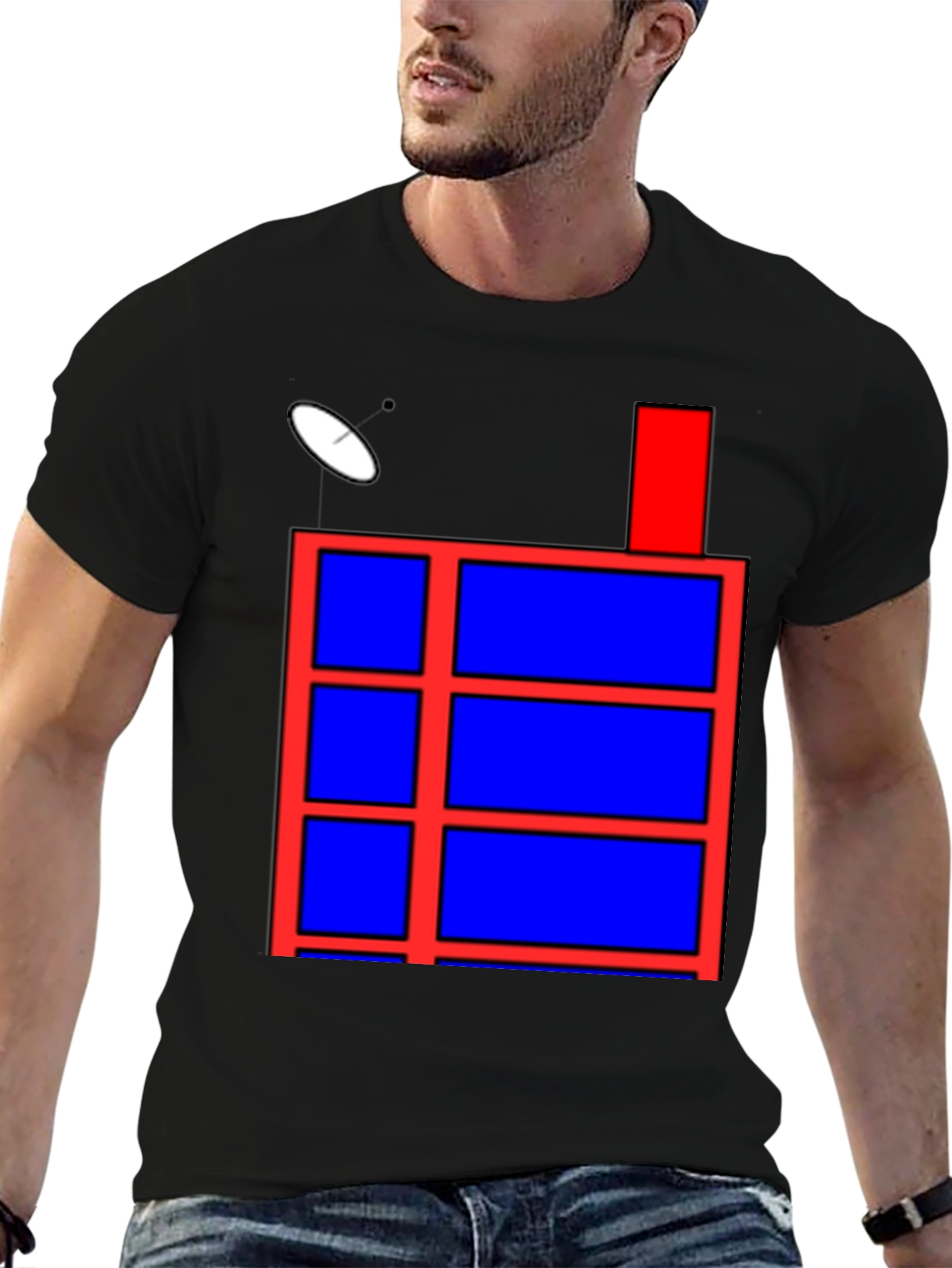 Geometric Red & Blue Graphic Print Black T-Shirt