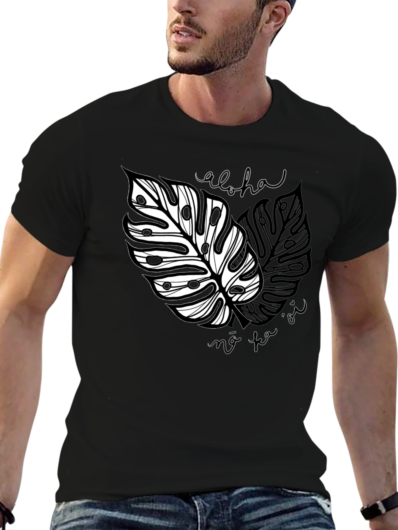 Aloha Monstera Leaf Graphic Tee - Black