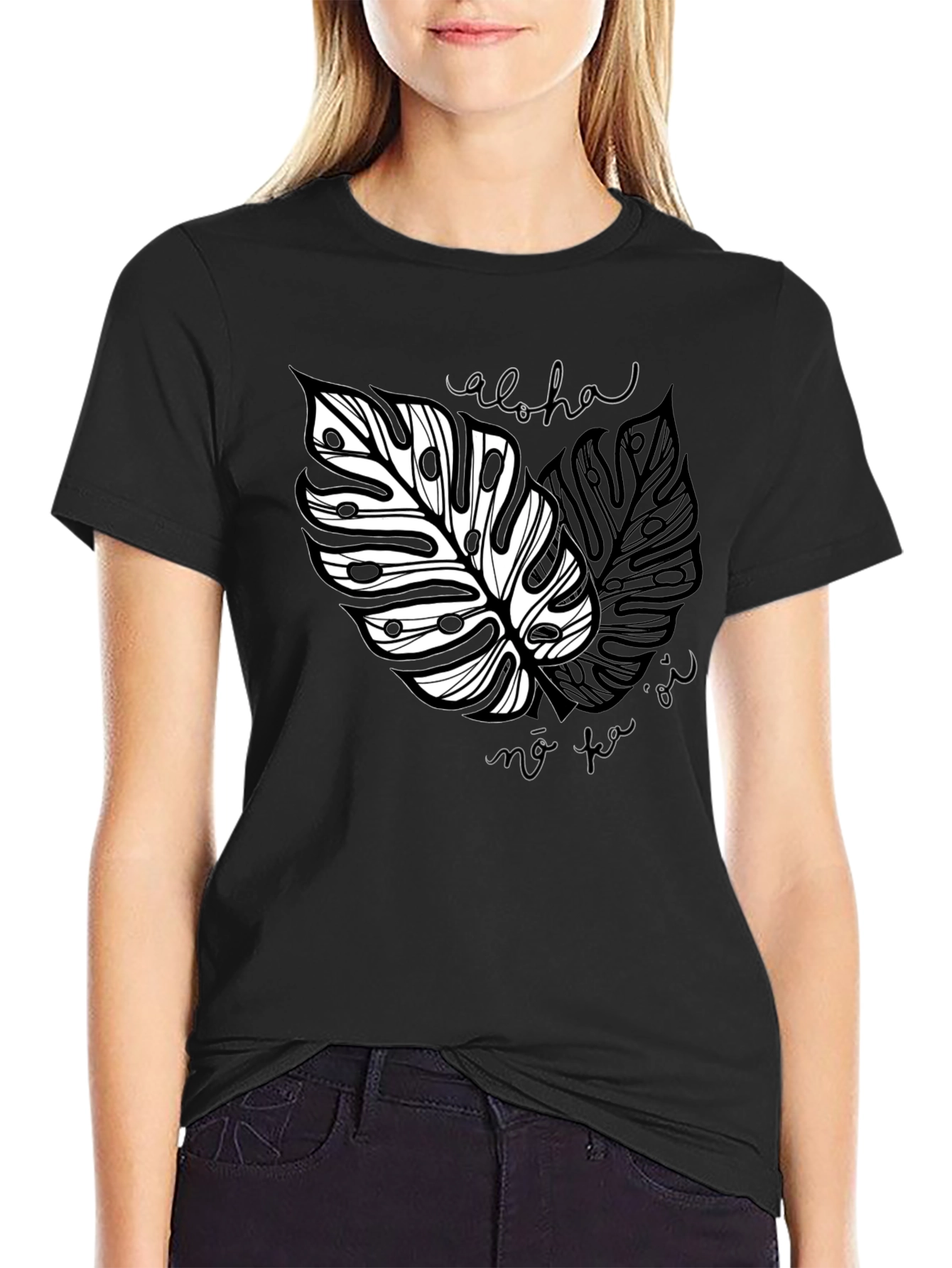 Aloha Monstera Leaf Graphic Tee - Black