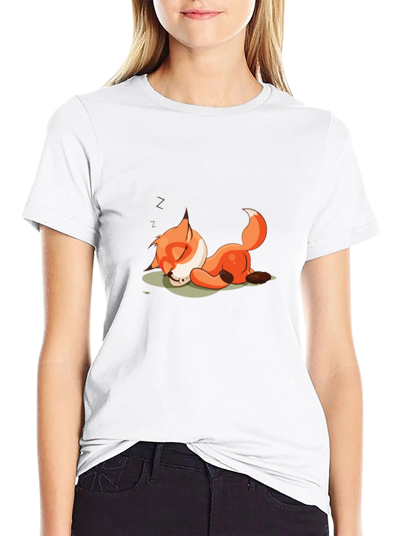 Sleeping Fox Cartoon Black T-Shirt
