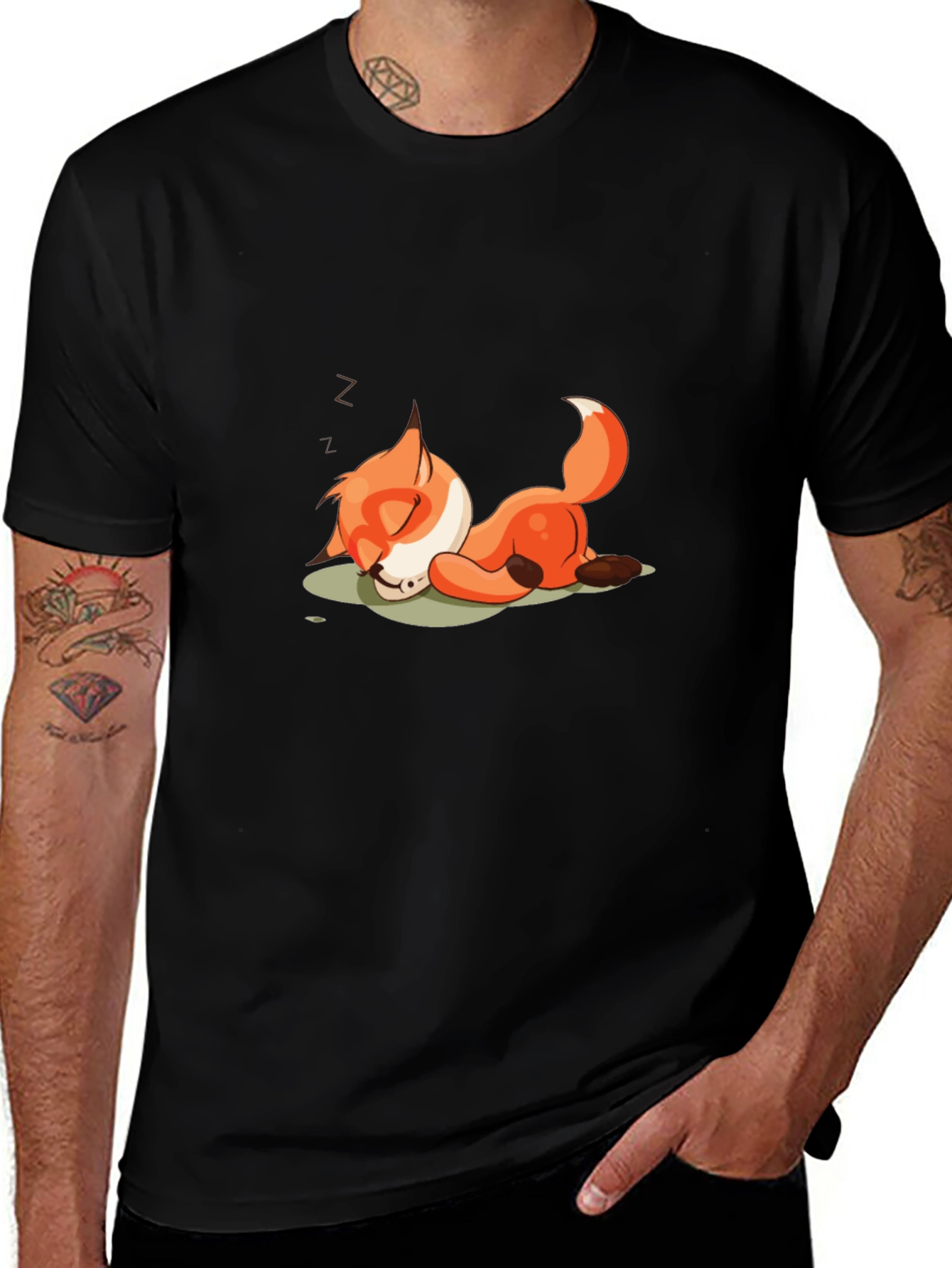 Sleeping Fox Cartoon Black T-Shirt