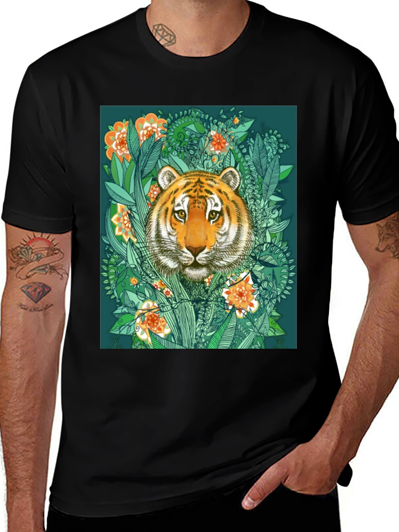 Tiger Floral Graphic Print Black T-Shirt