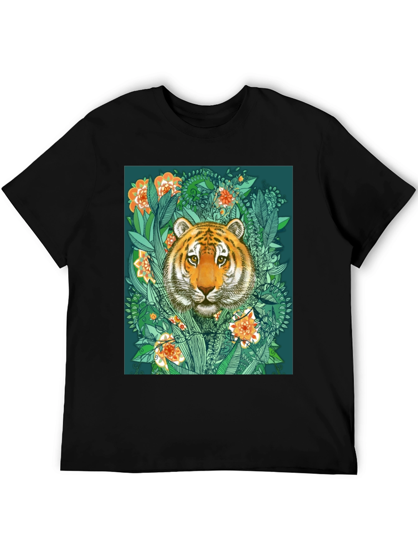 Tiger Floral Graphic Print Black T-Shirt