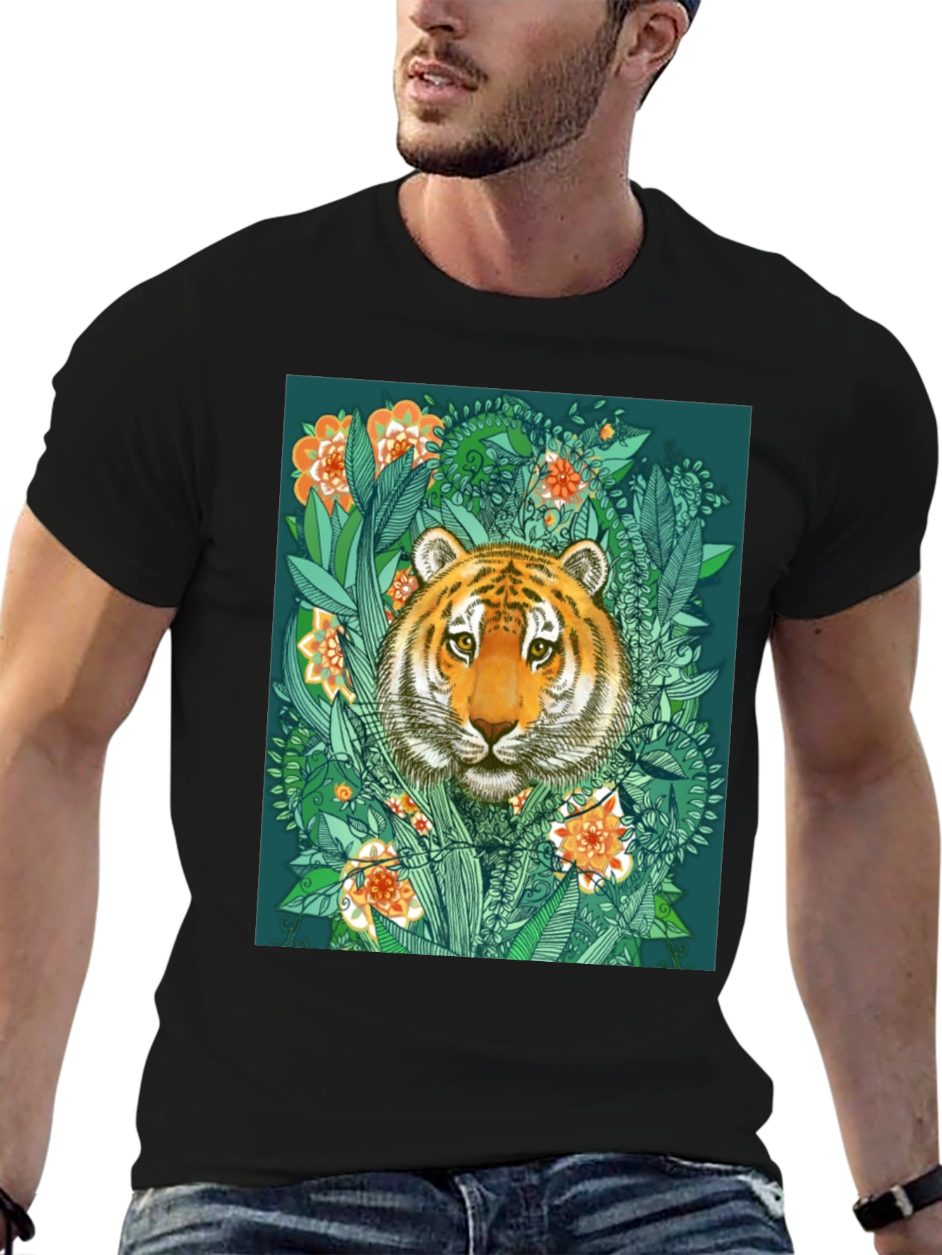 Tiger Floral Graphic Print Black T-Shirt