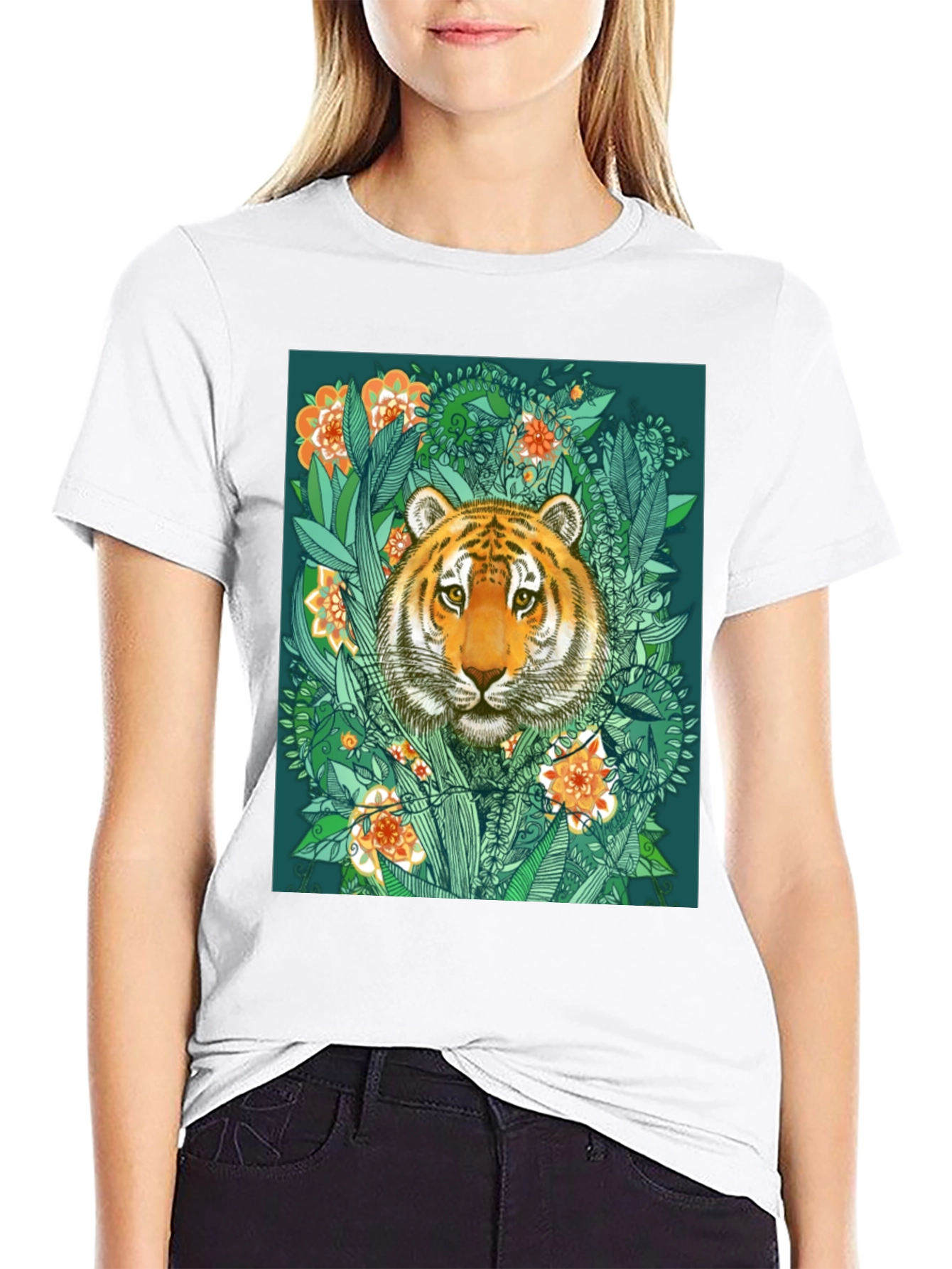 Tiger Floral Graphic Print Black T-Shirt