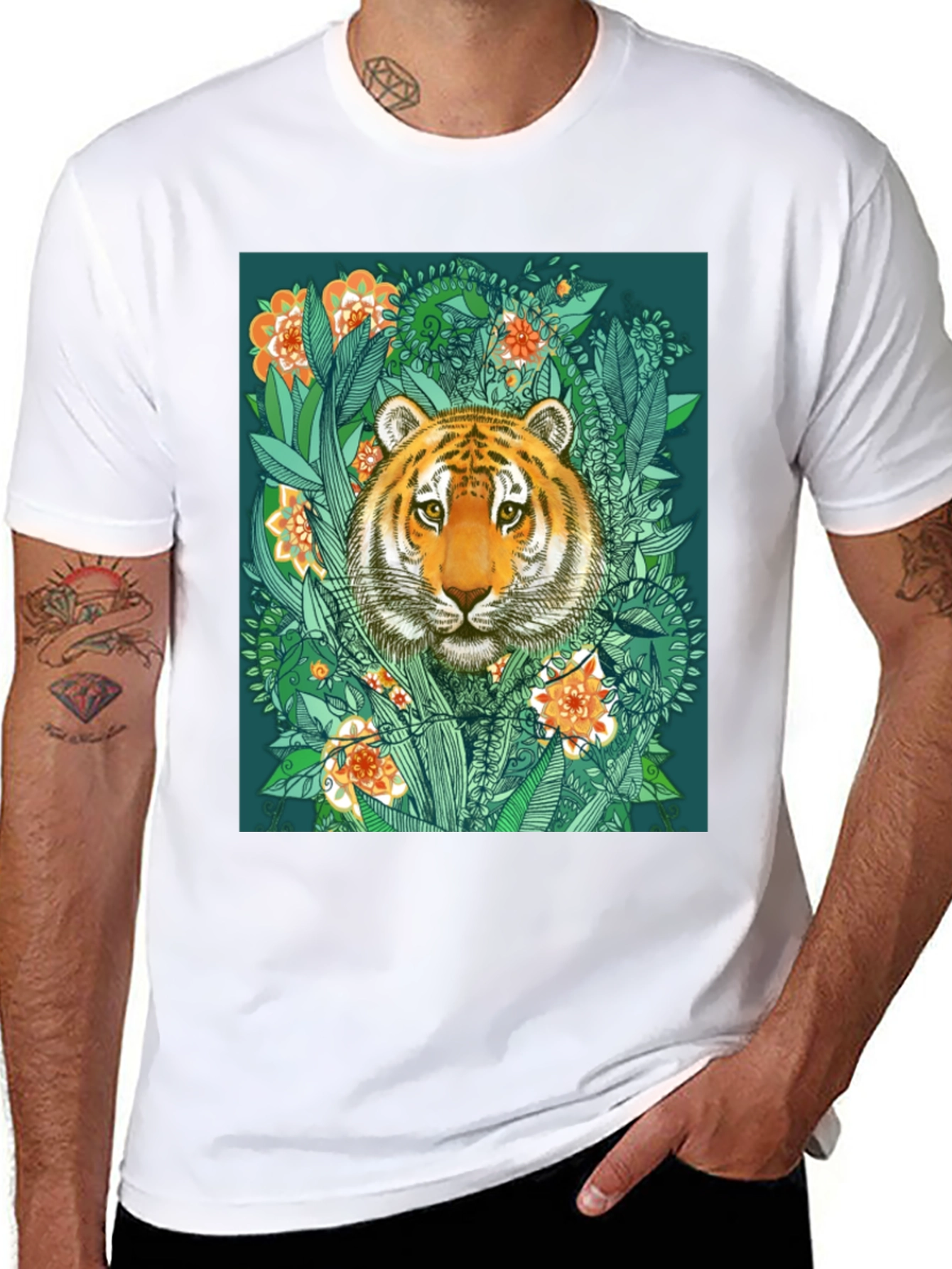 Tiger Floral Graphic Print Black T-Shirt