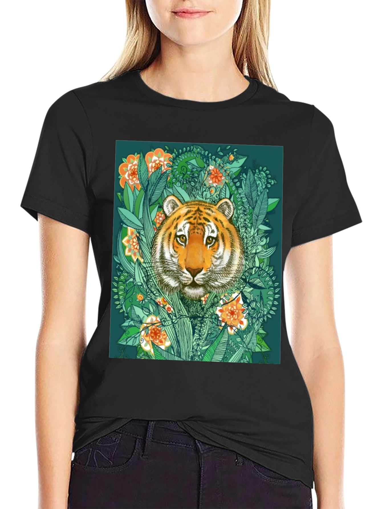 Tiger Floral Graphic Print Black T-Shirt