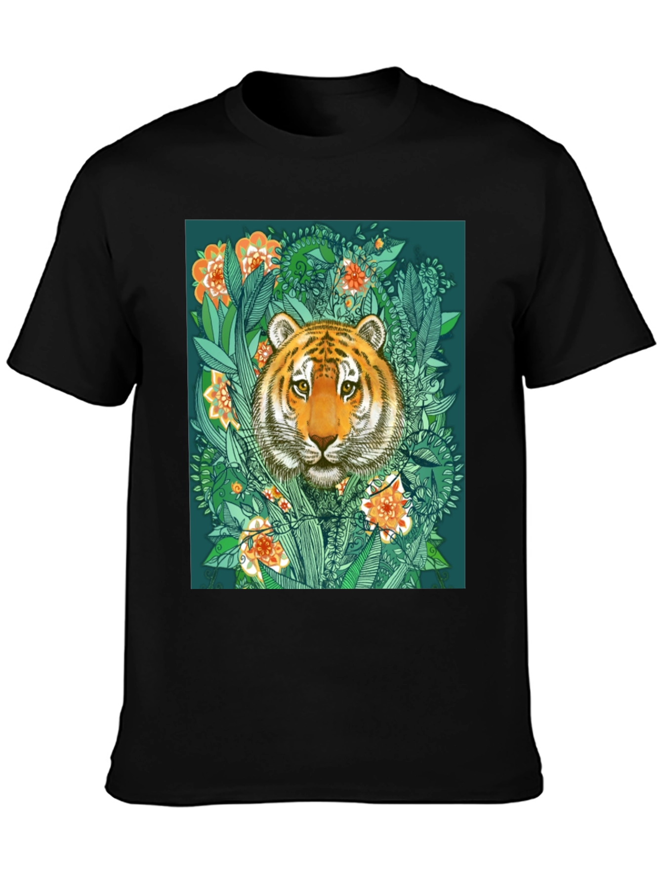 Tiger Floral Graphic Print Black T-Shirt