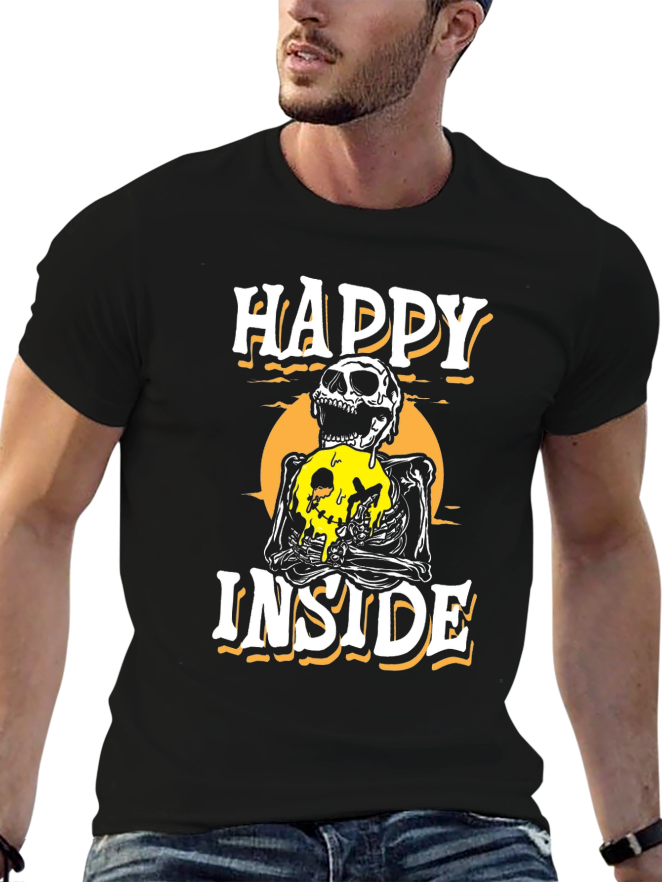 Happy Inside Skeleton Graphic T-Shirt - Black