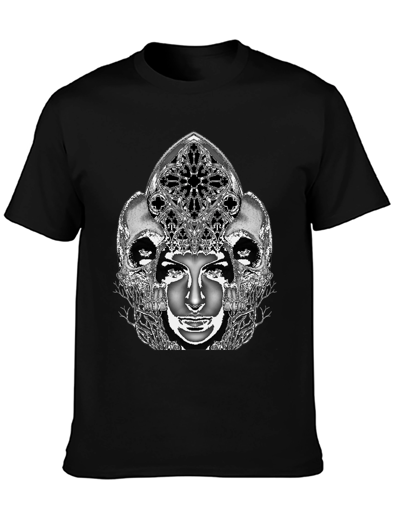 Gothic Skull & Face Graphic Tee - Black