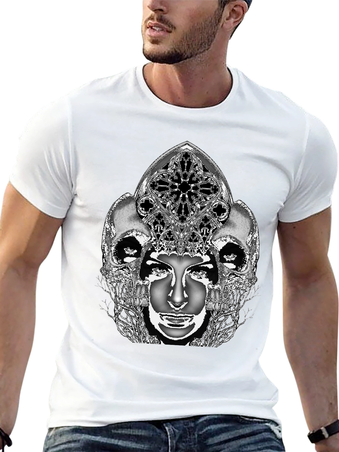 Gothic Skull & Face Graphic Tee - Black