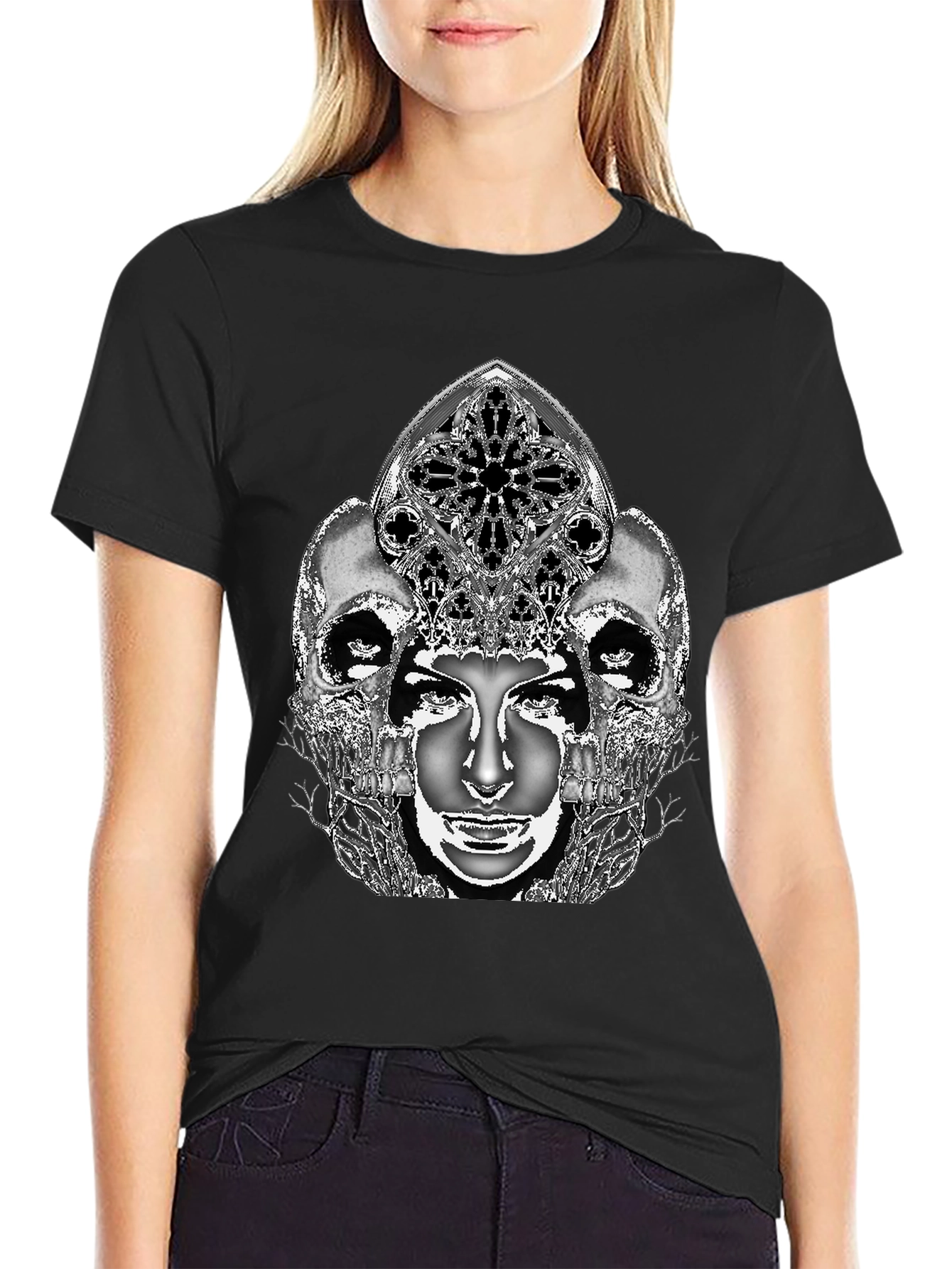 Gothic Skull & Face Graphic Tee - Black