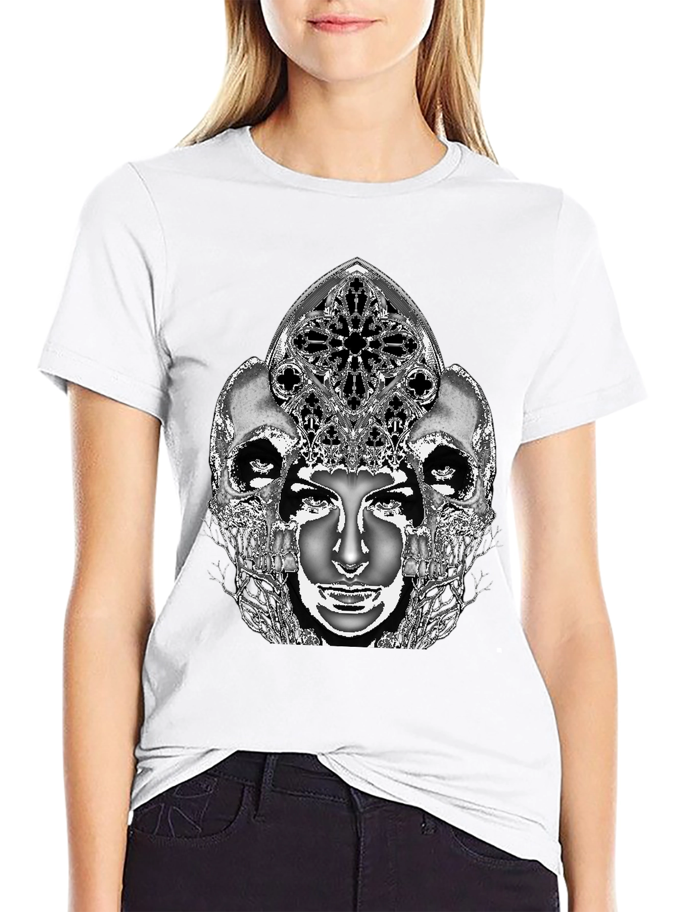Gothic Skull & Face Graphic Tee - Black