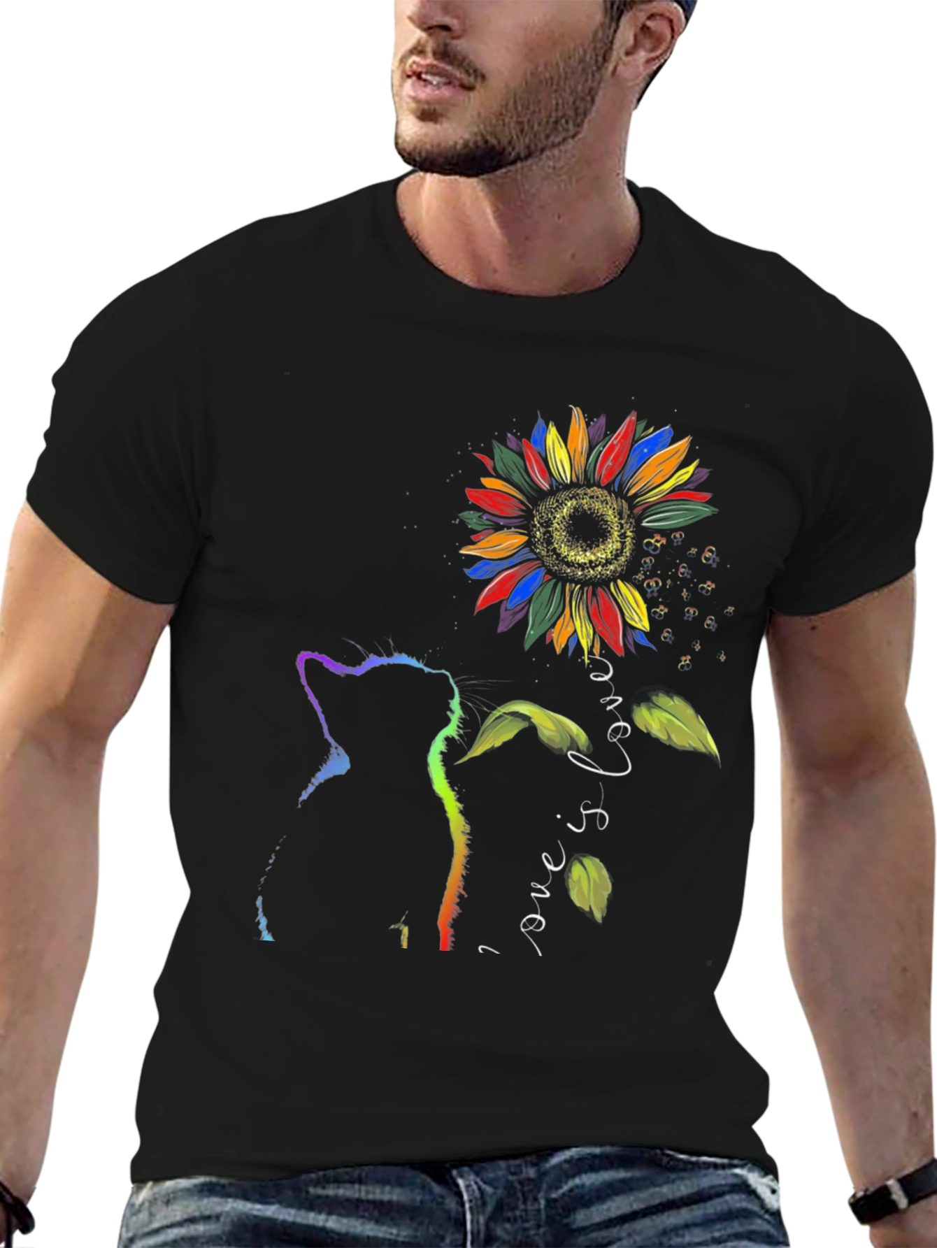 Rainbow Cat Sunflower Love is Love T-Shirt